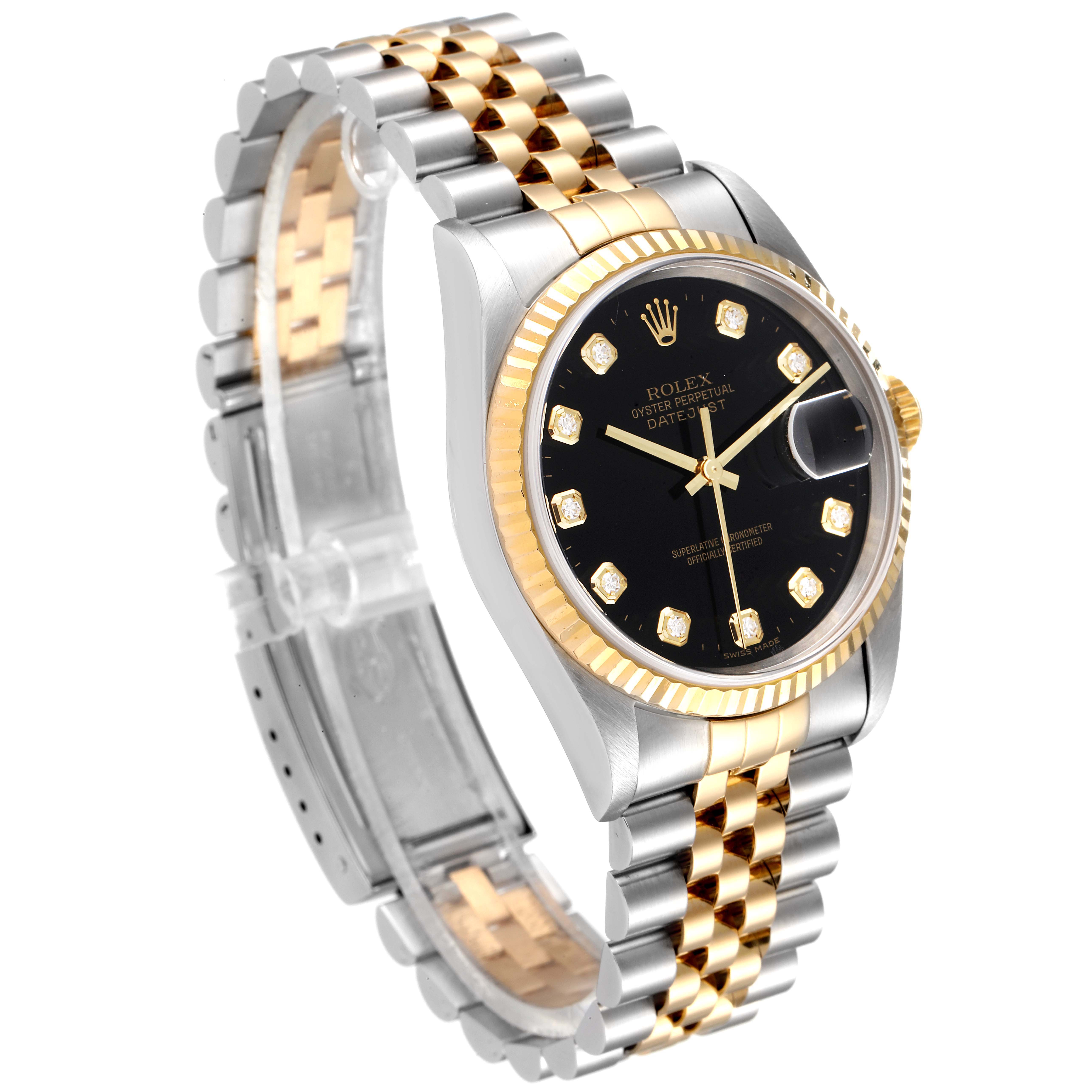 The Rolex Datejust 16233 Men's Steel and Gold (two tone) Black Dial 16233 Men's Steel and Gold (two tone) Black Dial watch is shown at a three-quarter angle, displaying its face, bezel, and two-tone bracelet.
