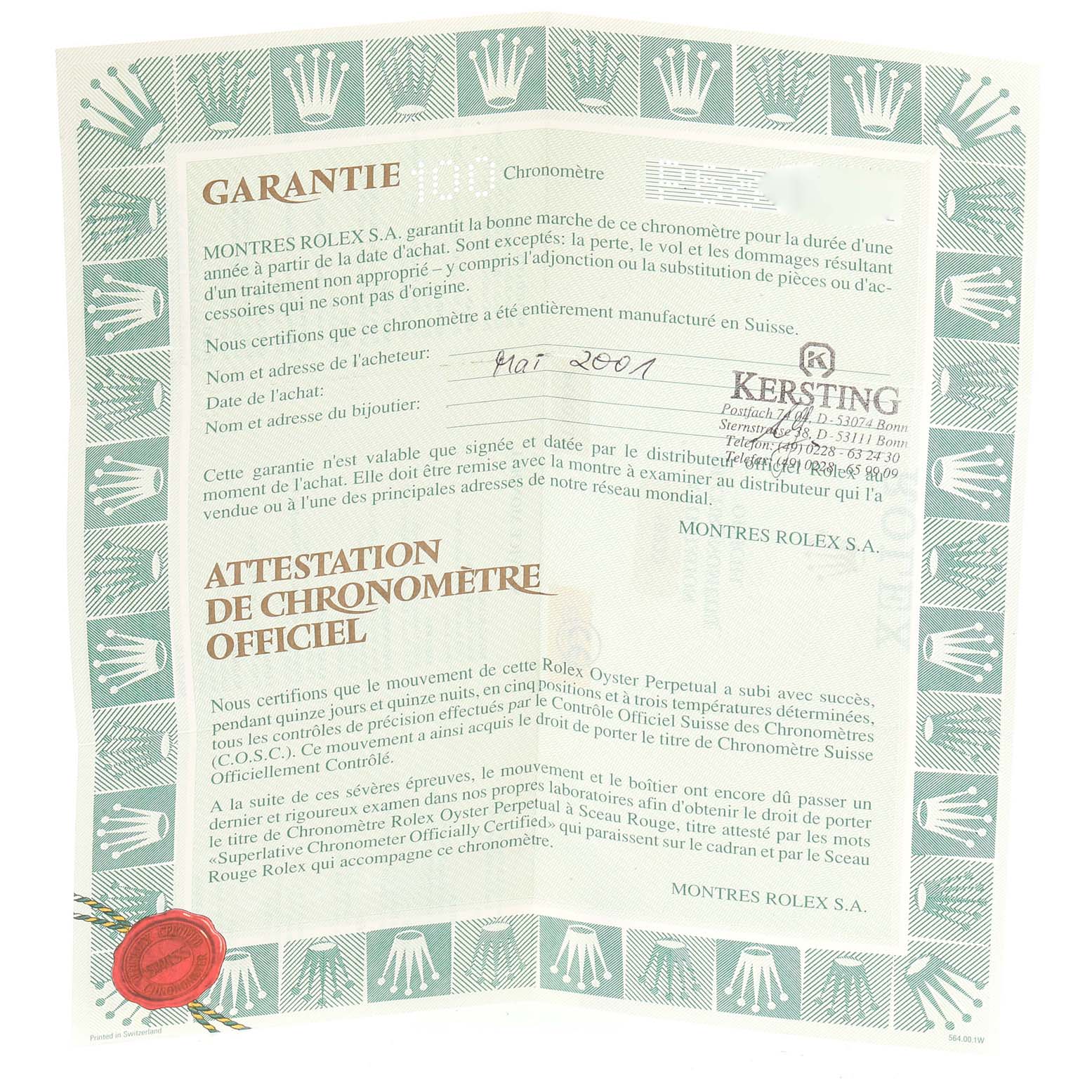 The image shows a warranty certificate for the Rolex Datejust 16233 Men's Steel and Gold (two tone) Black Dial 16233 Men's Steel and Gold (two tone) Black Dial model, detailing guarantee terms in French.