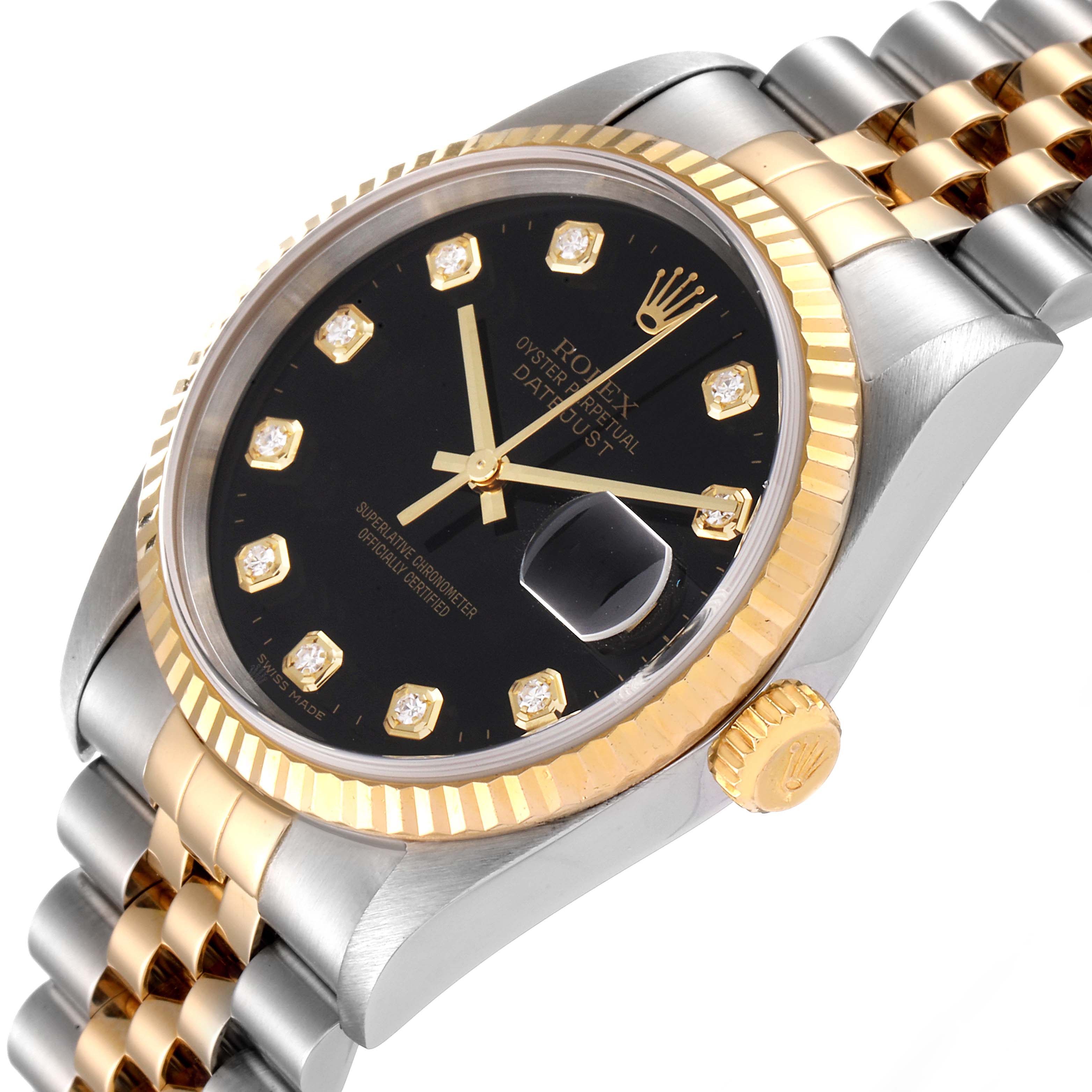 This image shows the Rolex Datejust 16233 Men's Steel and Gold (two tone) Black Dial 16233 Men's Steel and Gold (two tone) Black Dial watch at an angle, highlighting its black dial, gold fluted bezel, and two-tone metal bracelet.