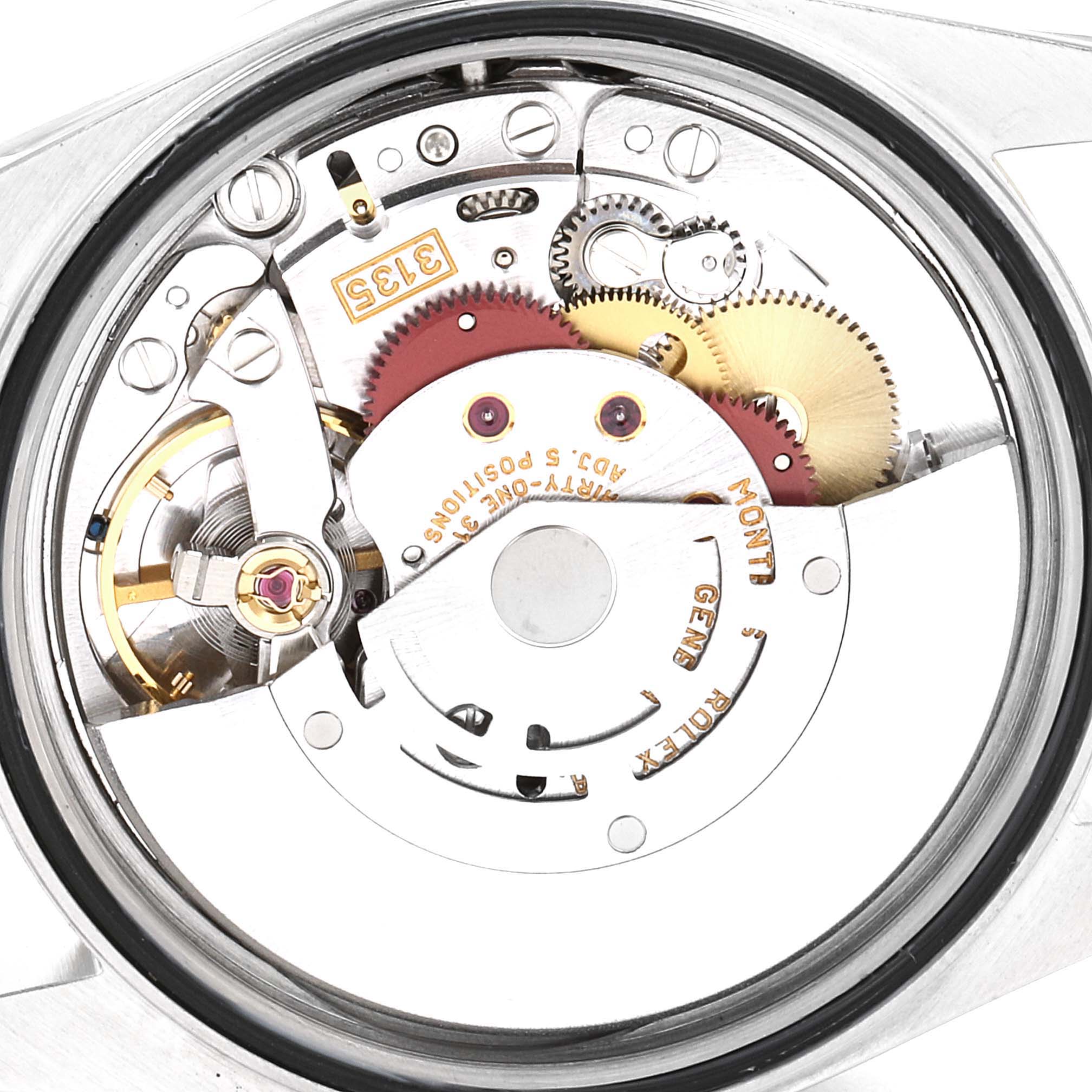 This image shows the mechanical movement of a Rolex Datejust 16233 Men's Steel and Gold (two tone) Black Dial 16233 Men's Steel and Gold (two tone) Black Dial watch viewed from the back.