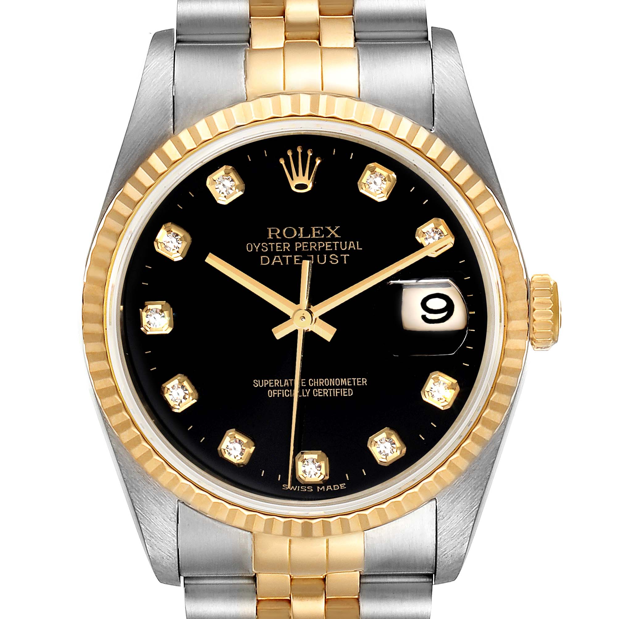 This Rolex Datejust 16233 Men's Steel and Gold (two tone) Black Dial 16233 Men's Steel and Gold (two tone) Black Dial watch is shown from the front, featuring its face, bezel, crown, and part of its metal bracelet.