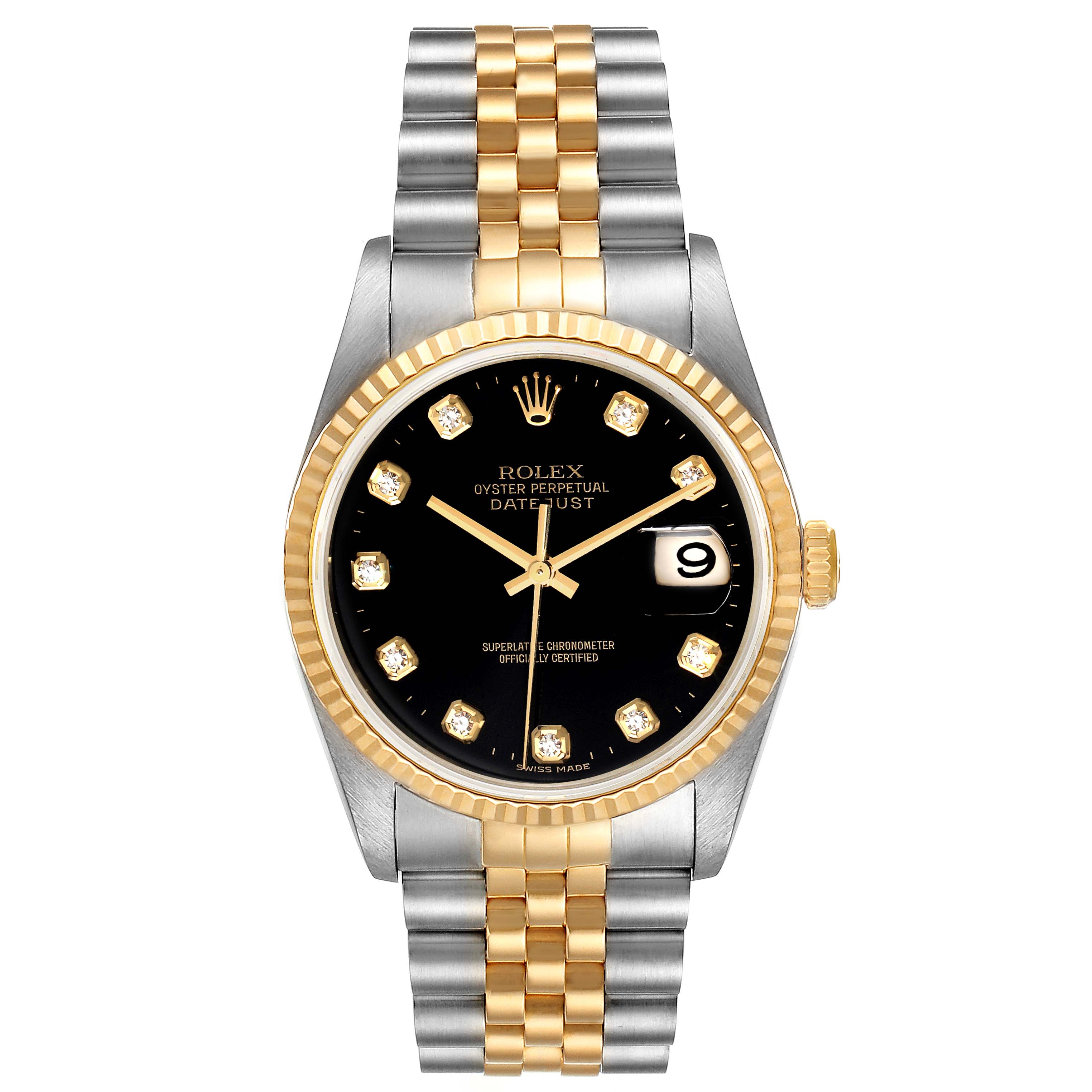 The image shows a frontal view of a Rolex Datejust 16233 Men's Steel and Gold (two tone) Black Dial 16233 Men's Steel and Gold (two tone) Black Dial watch, highlighting the dial, bezel, and two-tone bracelet.