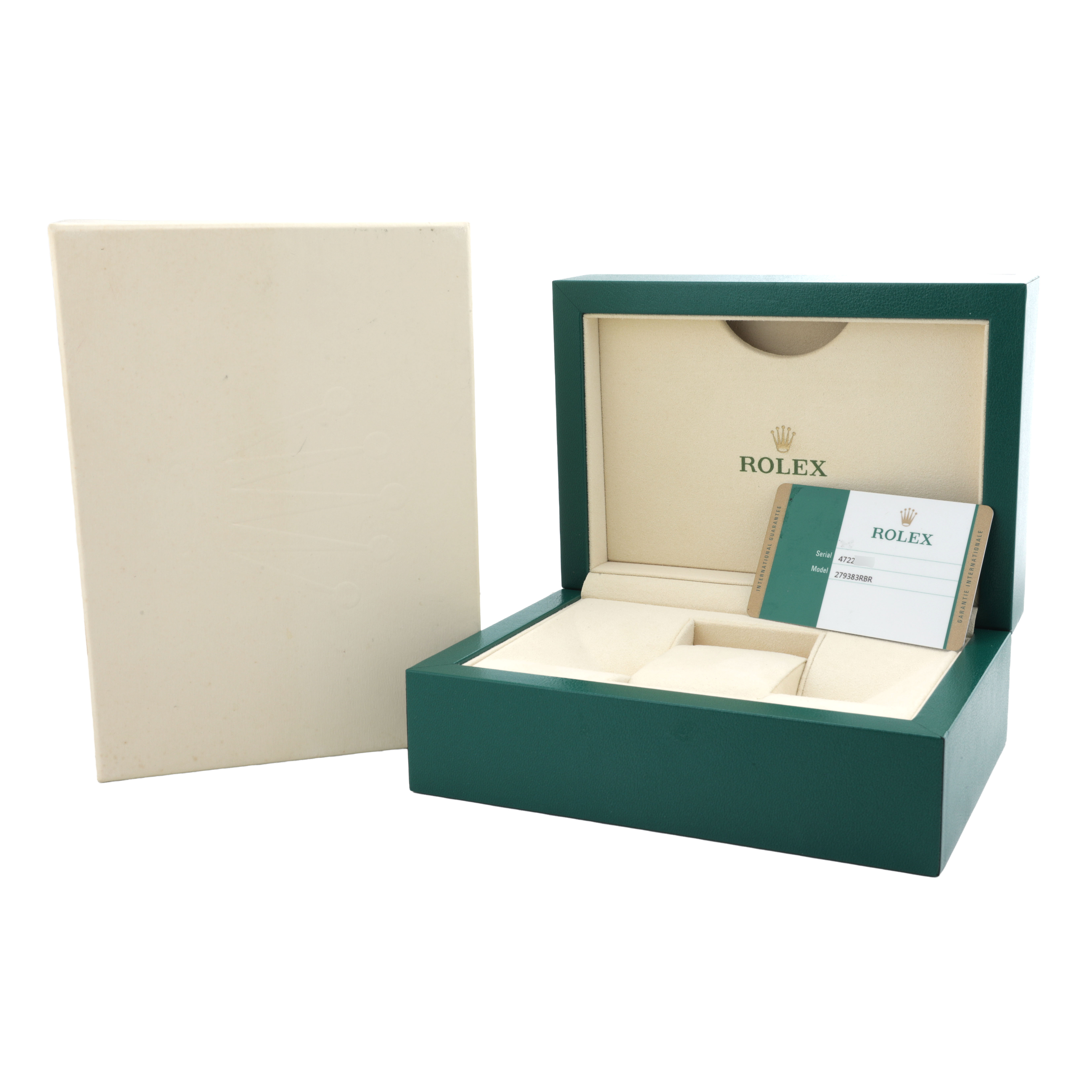 The image shows an open Rolex Datejust 279383 Women's Steel and Gold (two tone) Green Dial box with the certificate, viewed from a front angle.