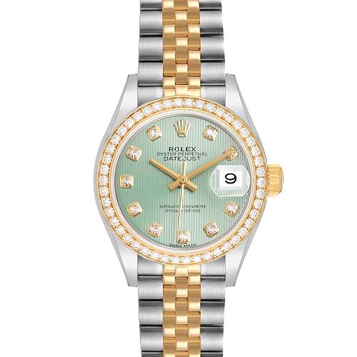 The Rolex Datejust 279383 Women's Steel and Gold (two tone) Green Dial watch is shown from a front angle, highlighting the dial, bezel, crown, and two-tone bracelet.