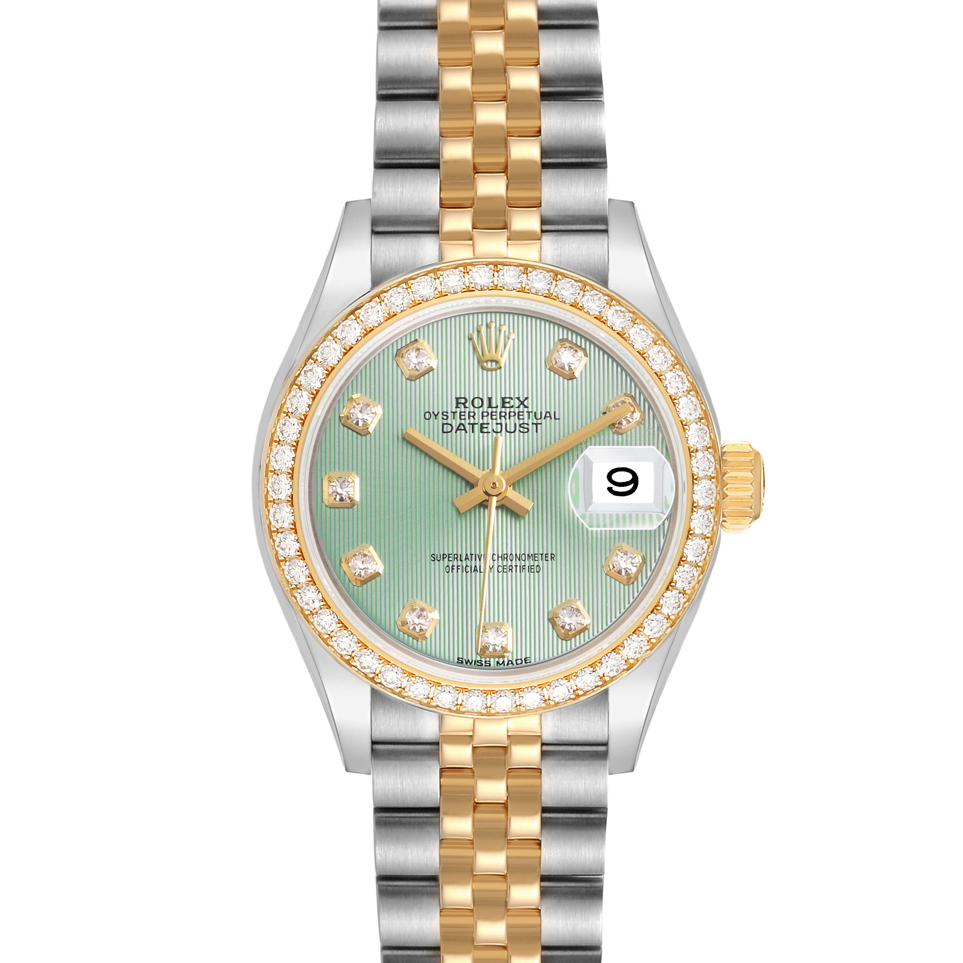 The Rolex Datejust 279383 Women's Steel and Gold (two tone) Green Dial watch is shown from the front, highlighting its green dial, diamond markers, gold bezel, and two-tone bracelet.