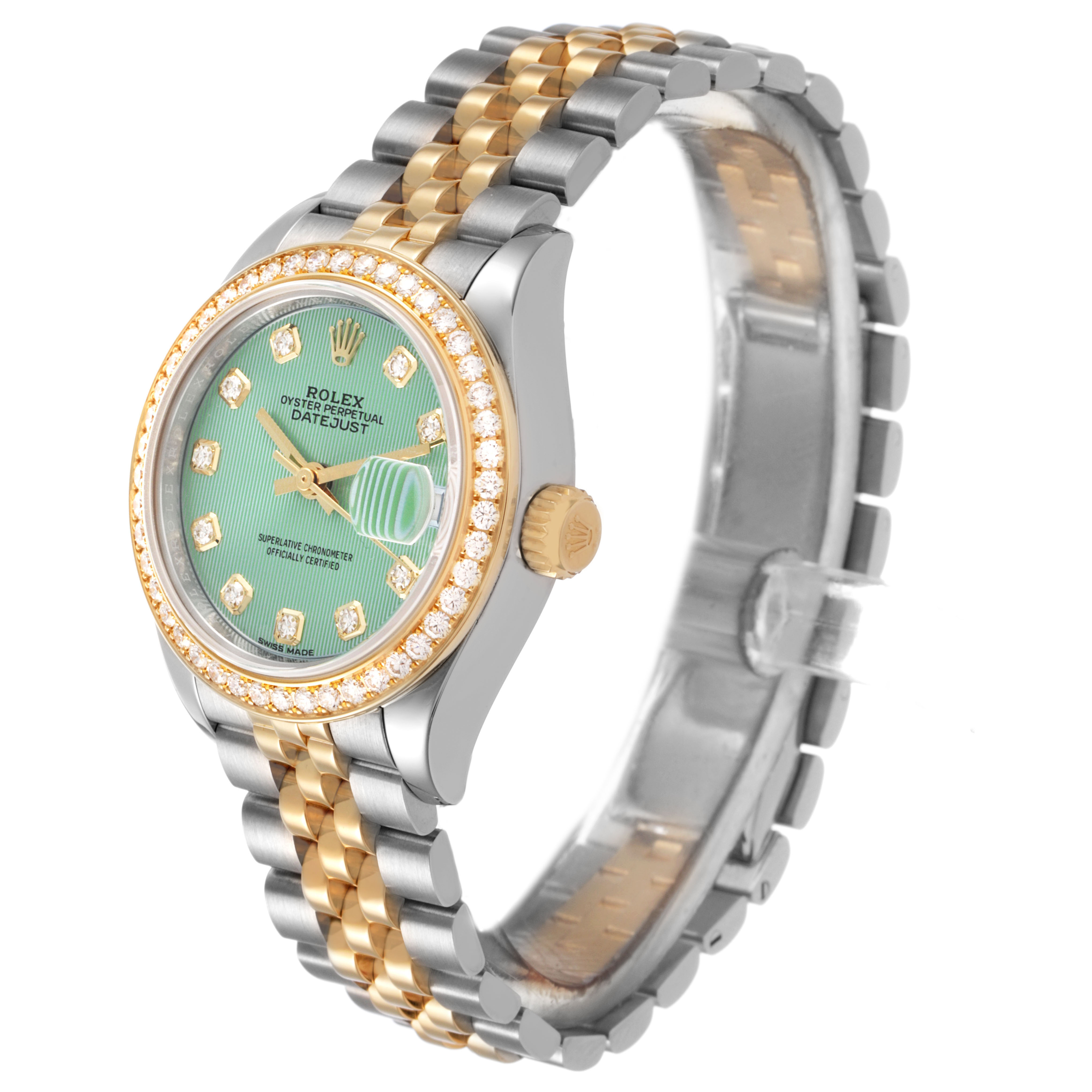 The Rolex Datejust 279383 Women's Steel and Gold (two tone) Green Dial watch is shown at a side angle displaying the bezel, face, crown, and two-tone bracelet.