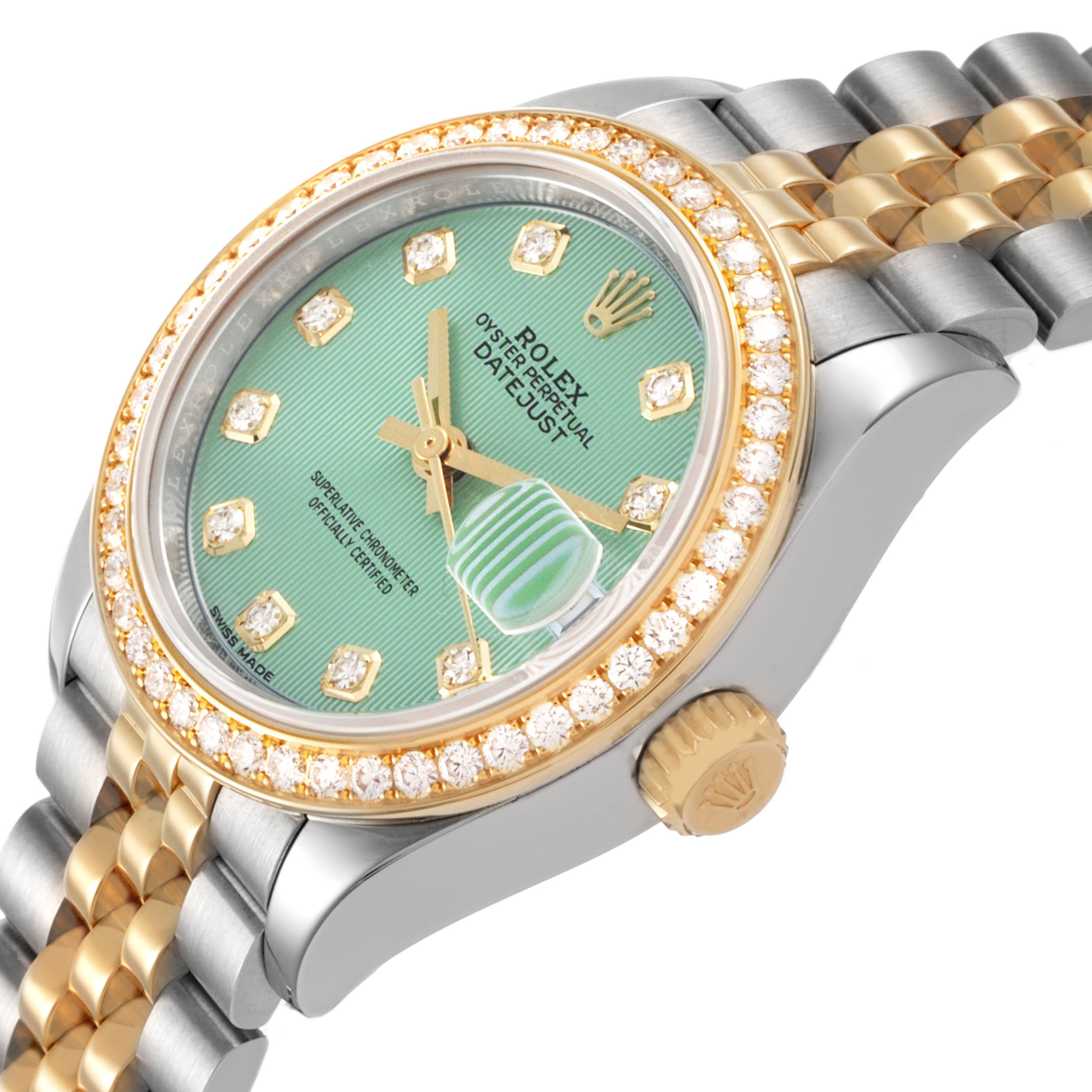 The Rolex Datejust 279383 Women's Steel and Gold (two tone) Green Dial watch is shown at a slight angle, highlighting the bezel, dial, crown, and part of the bracelet.