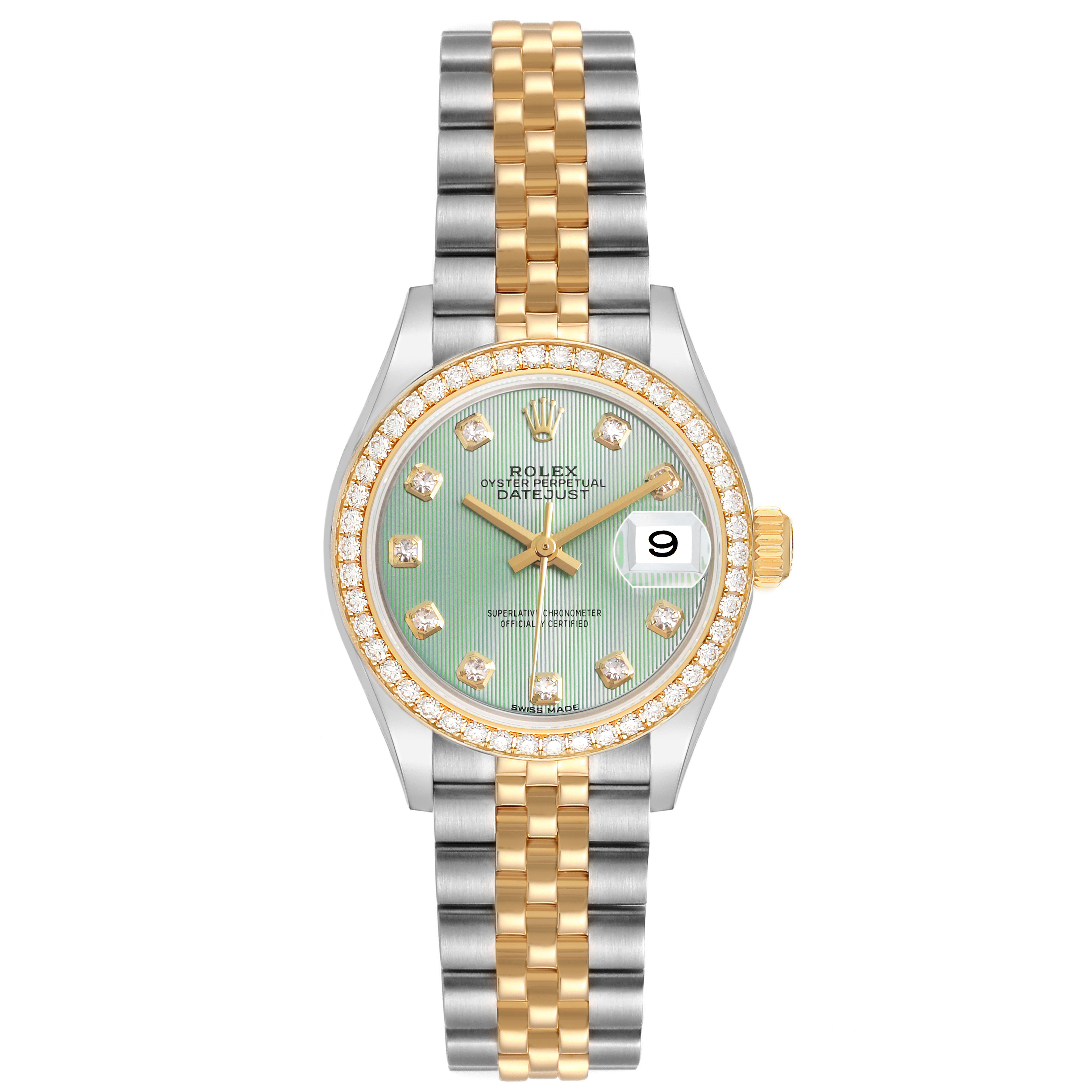 The Rolex Datejust 279383 Women's Steel and Gold (two tone) Green Dial watch is shown from the front, displaying its bracelet, green dial, diamond indices, and date function.