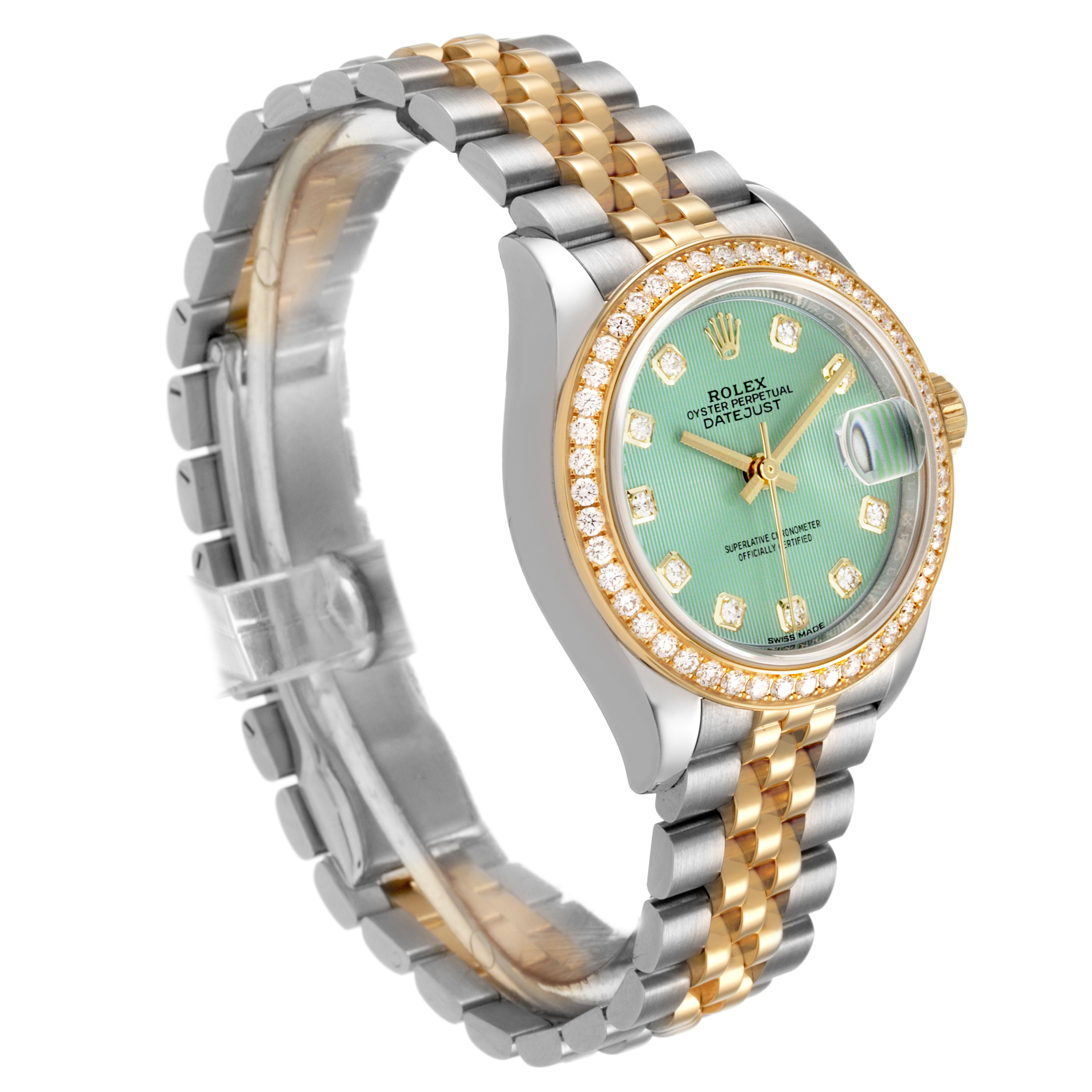 The Rolex Datejust 279383 Women's Steel and Gold (two tone) Green Dial watch is shown at a three-quarter angle, highlighting the face, bezel, and two-tone bracelet.