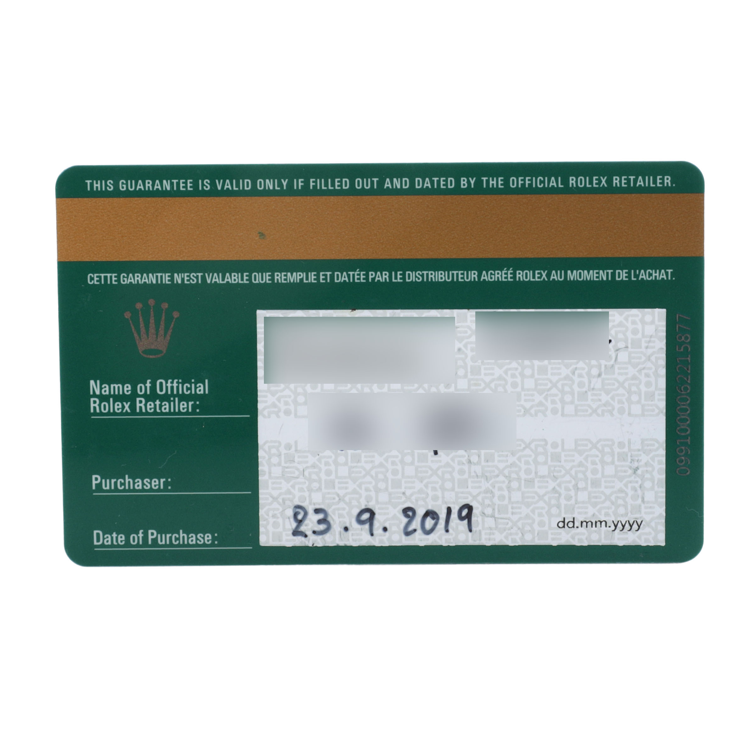 The image shows a guarantee card for a Rolex Datejust 279383 Women's Steel and Gold (two tone) Green Dial watch, showing text and a purchase date.