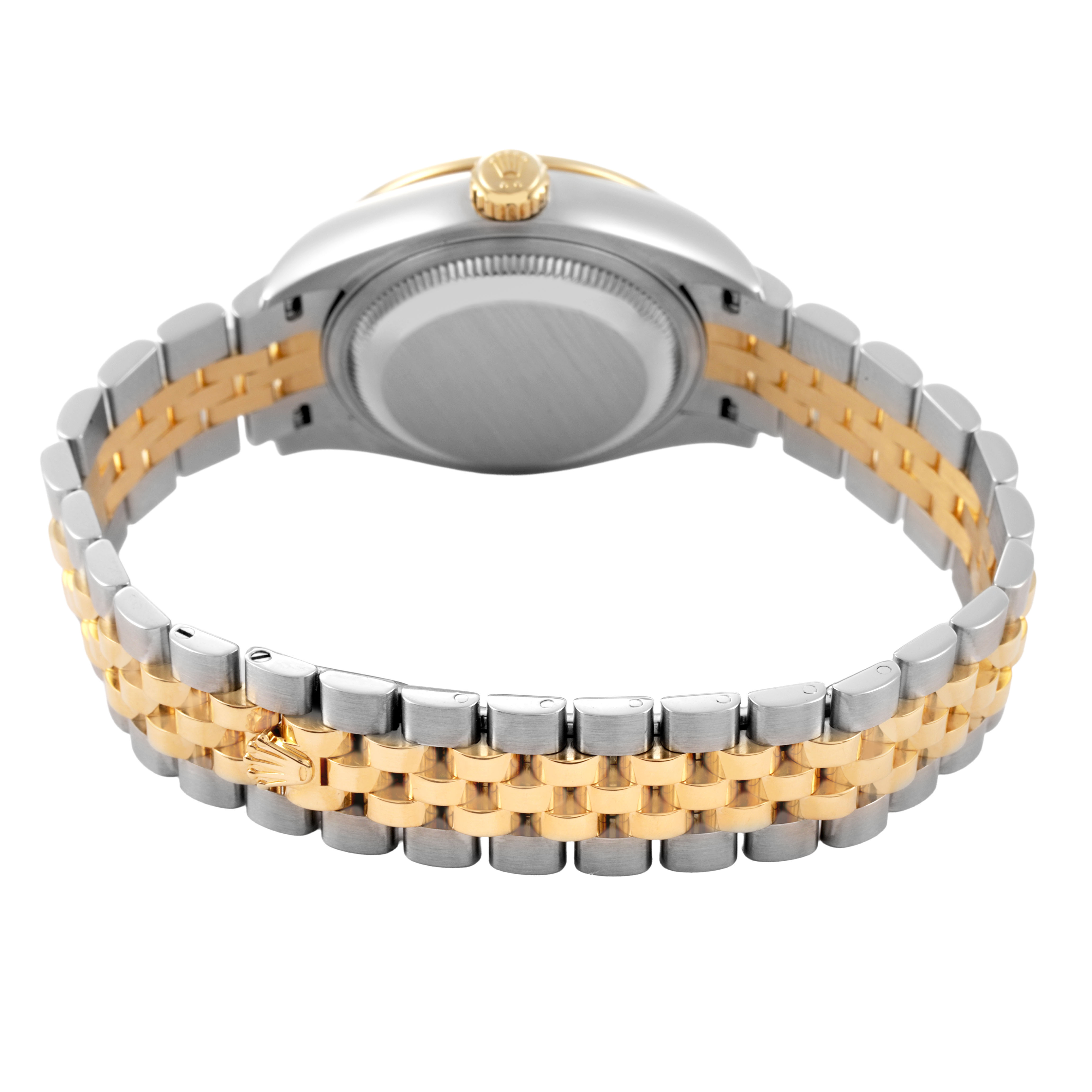 The Rolex Datejust 279383 Women's Steel and Gold (two tone) Green Dial watch is shown from the rear angle, highlighting the case back, crown, and two-tone bracelet.