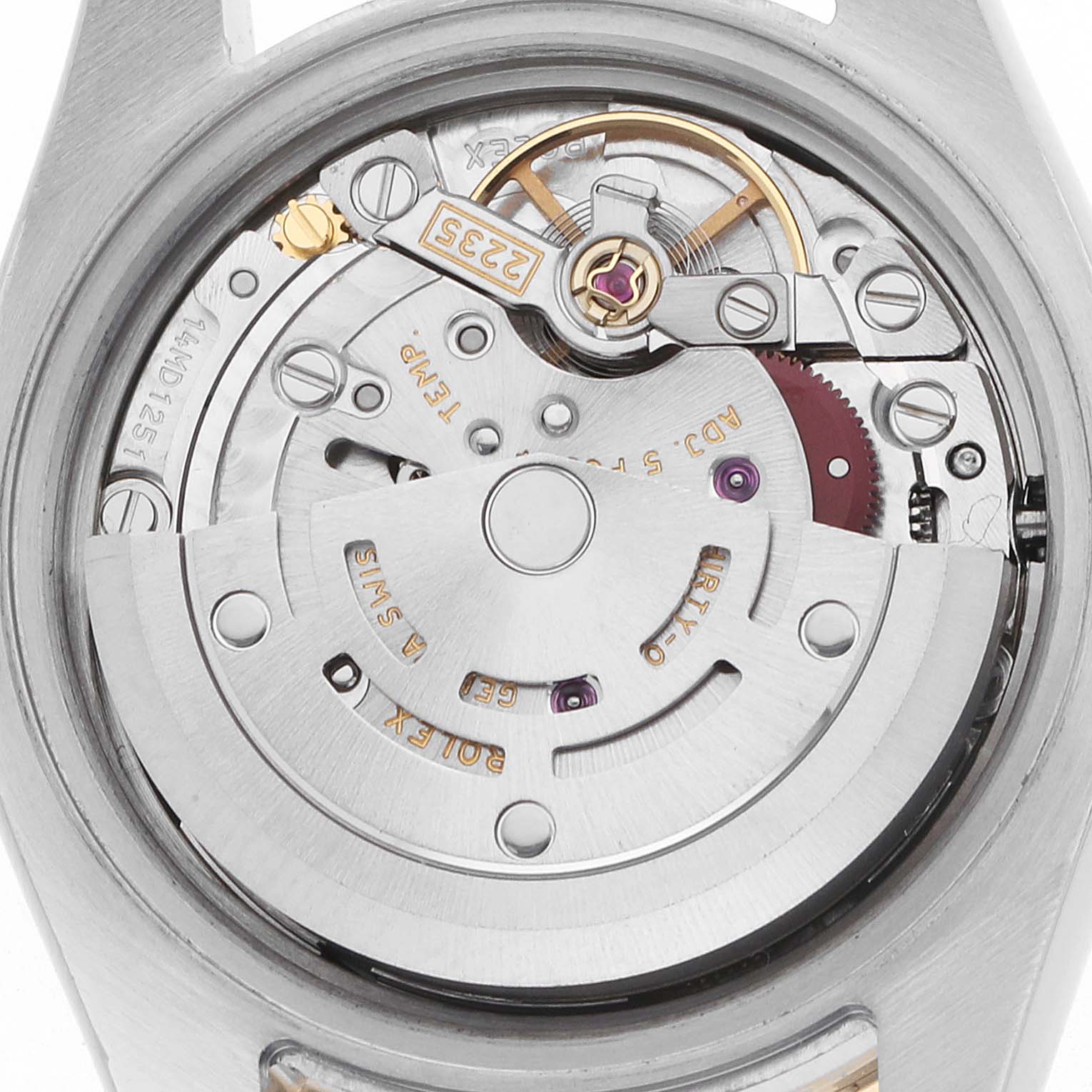 This image shows the internal mechanical movement of a Rolex Datejust 179383 Women
s Steel and Gold (two tone) Black Dial watch from a top-down angle.