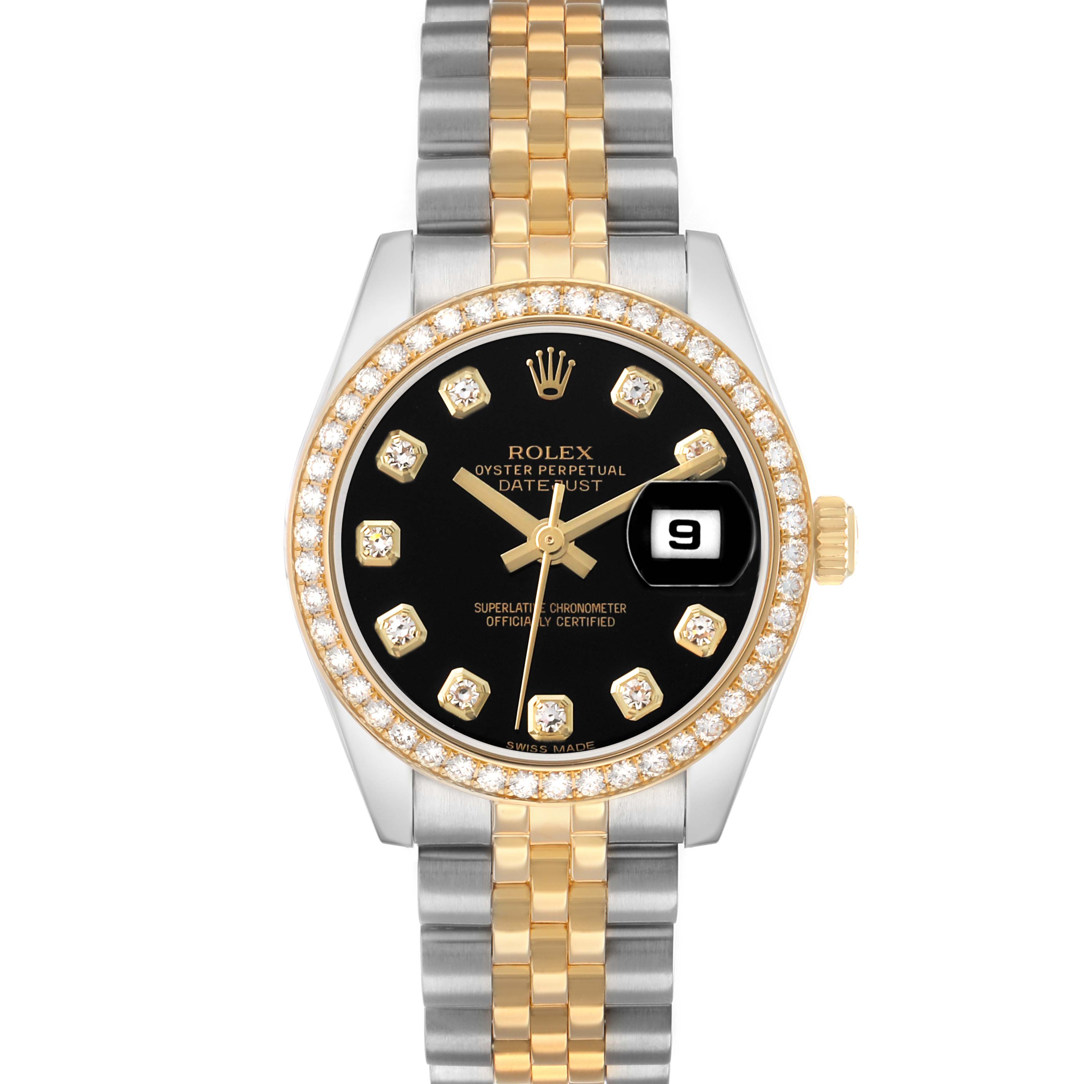 The Rolex Datejust 179383 Women
s Steel and Gold (two tone) Black Dial is shown from a front angle, displaying its black dial, diamond markers, and two-tone bracelet.