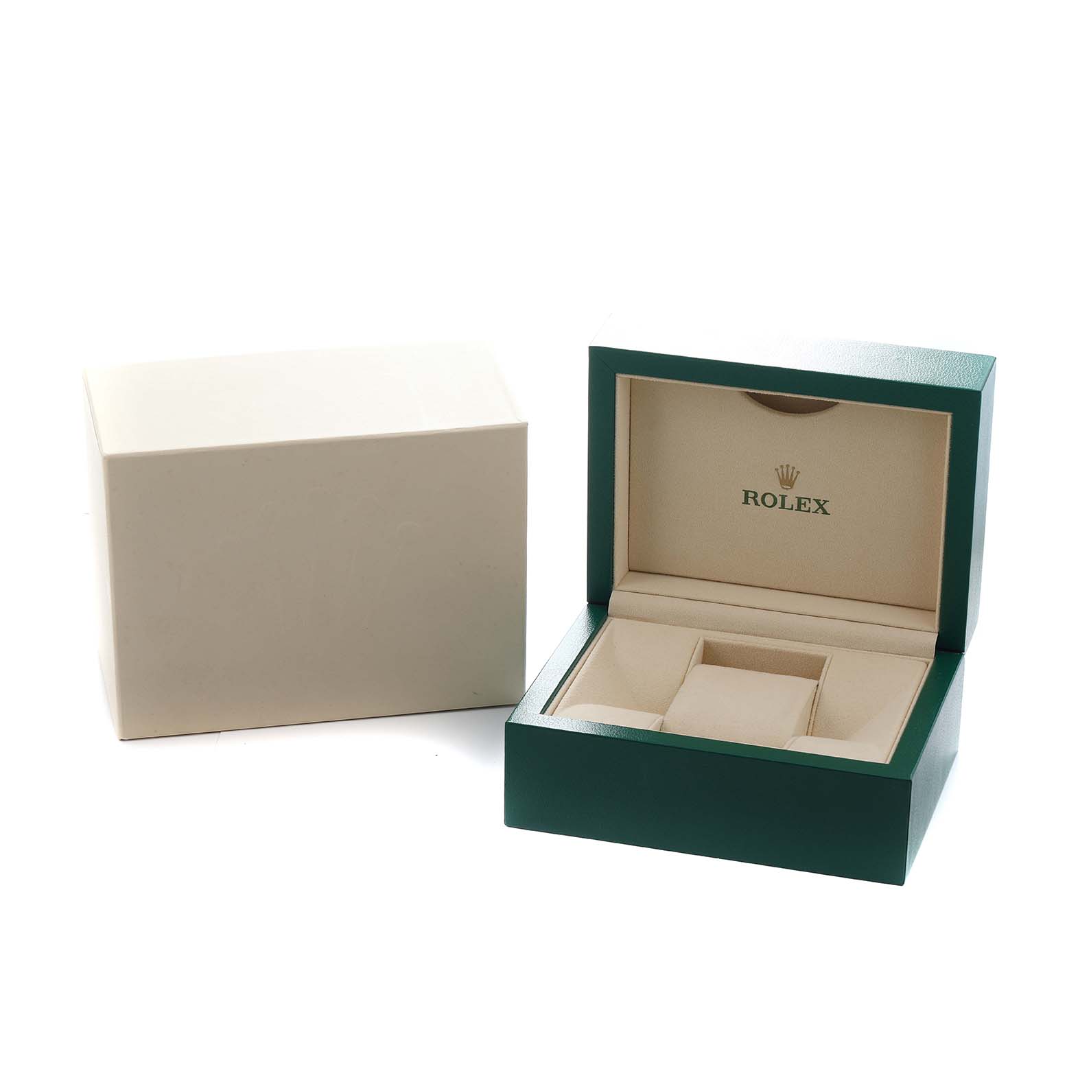 The image shows an open Rolex Datejust 179383 Women
s Steel and Gold (two tone) Black Dial watch box with a separate outer box, viewed from a slightly elevated angle.