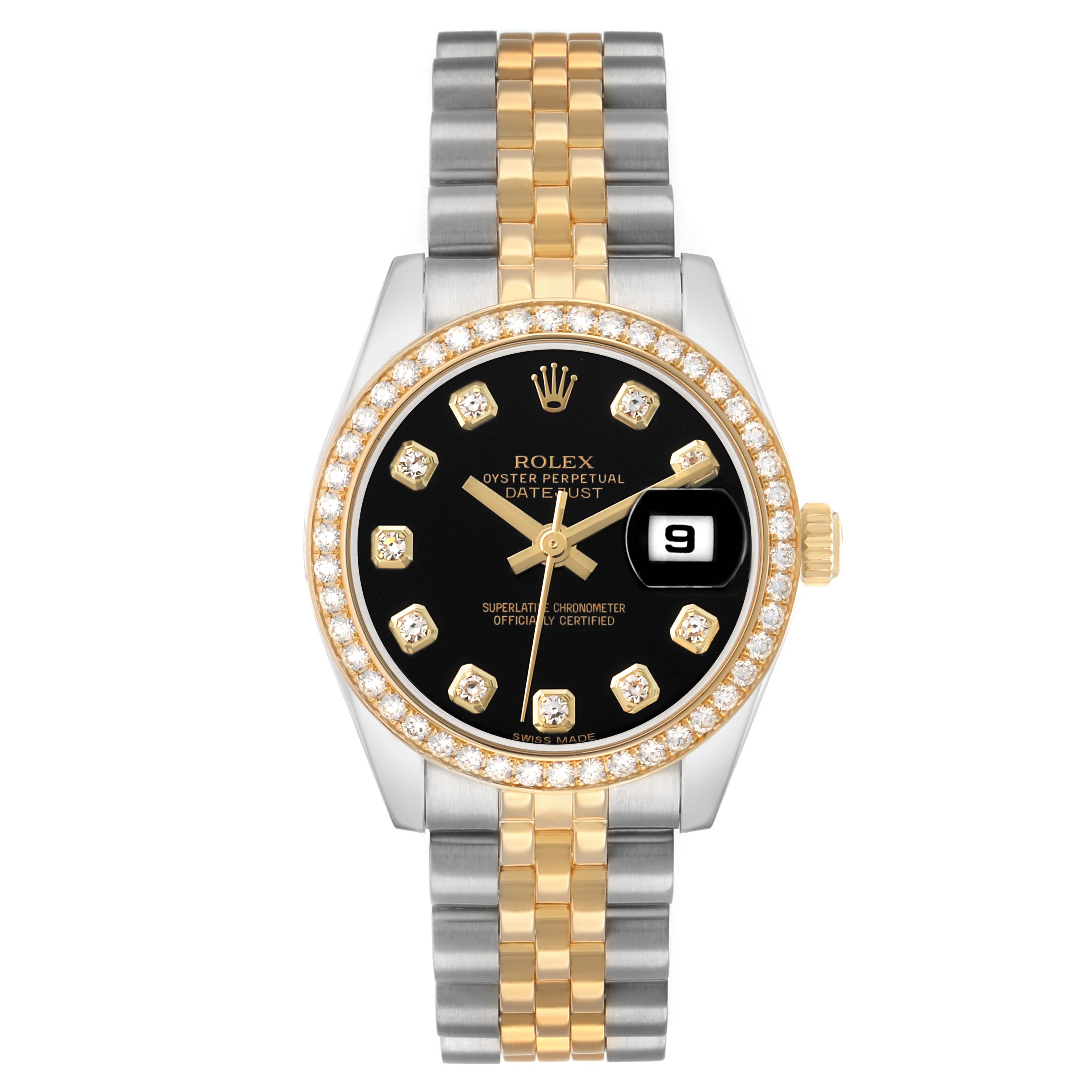The Rolex Datejust 179383 Women
s Steel and Gold (two tone) Black Dial watch is shown from a top view, highlighting the bezel, dial, markers, and bracelet.