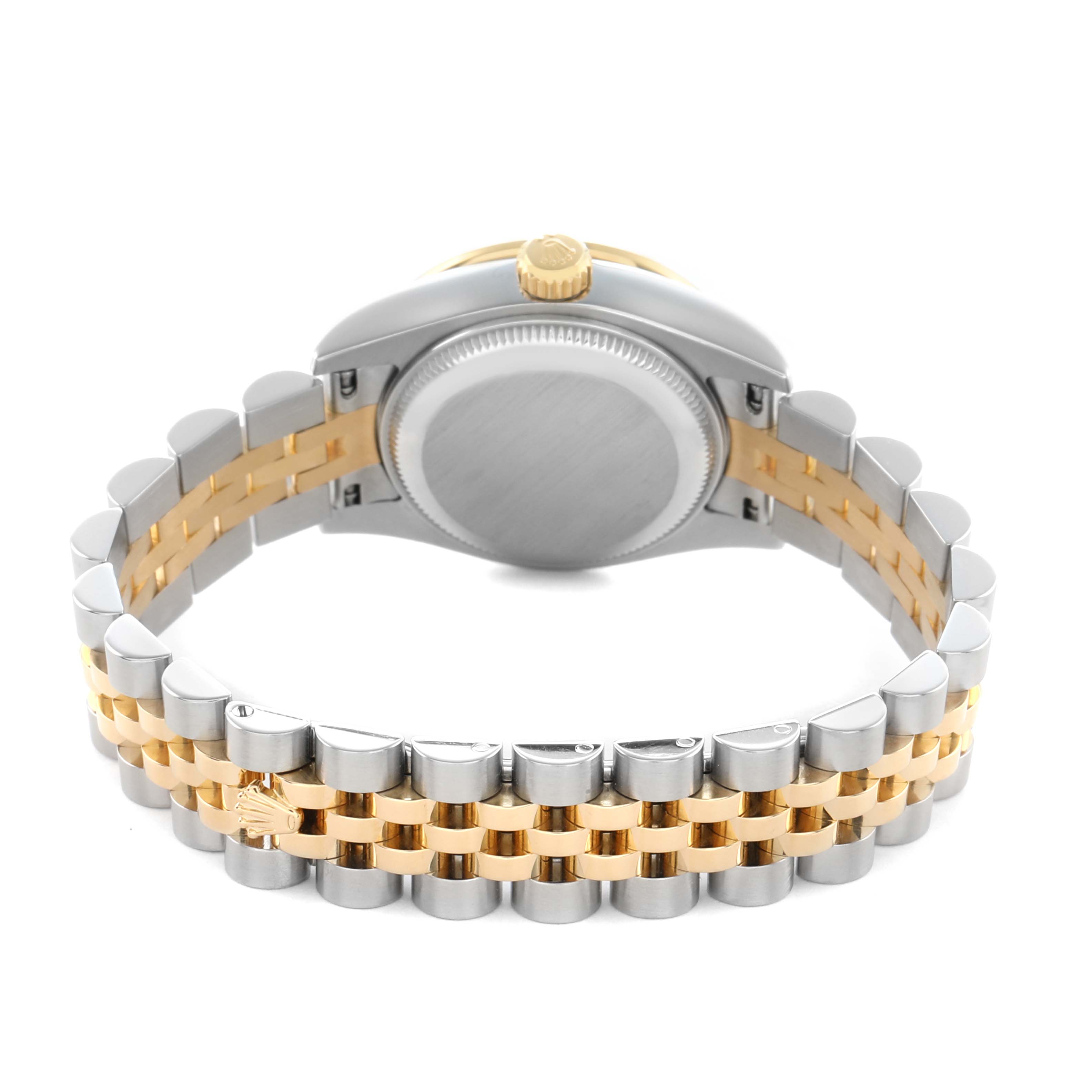 The image shows the back of a Rolex Datejust 179383 Women
s Steel and Gold (two tone) Black Dial watch, highlighting the two-tone bracelet and case back.