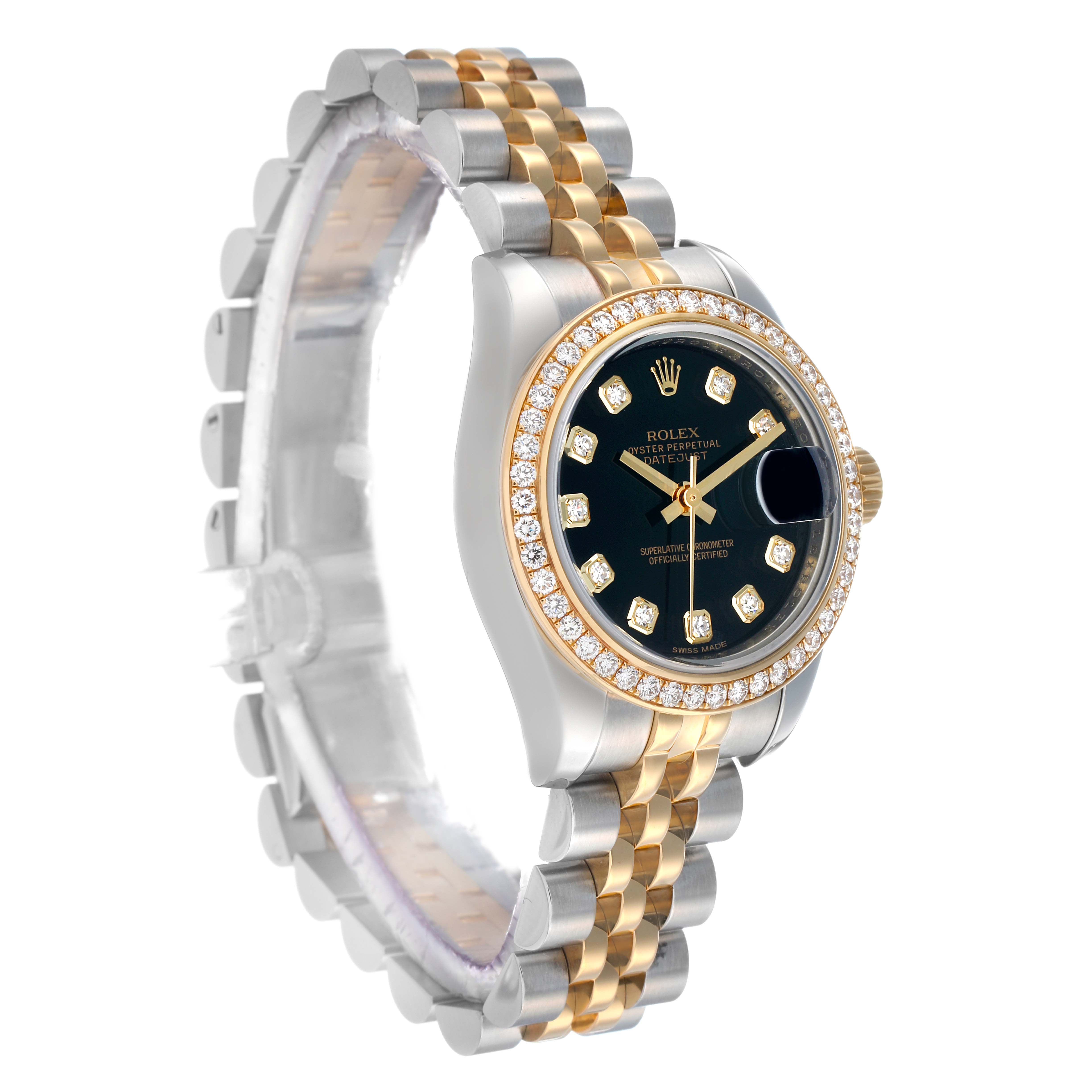 The Rolex Datejust 179383 Women
s Steel and Gold (two tone) Black Dial watch is shown at a three-quarter angle, highlighting the gold and steel bracelet, diamond bezel, and black dial.
