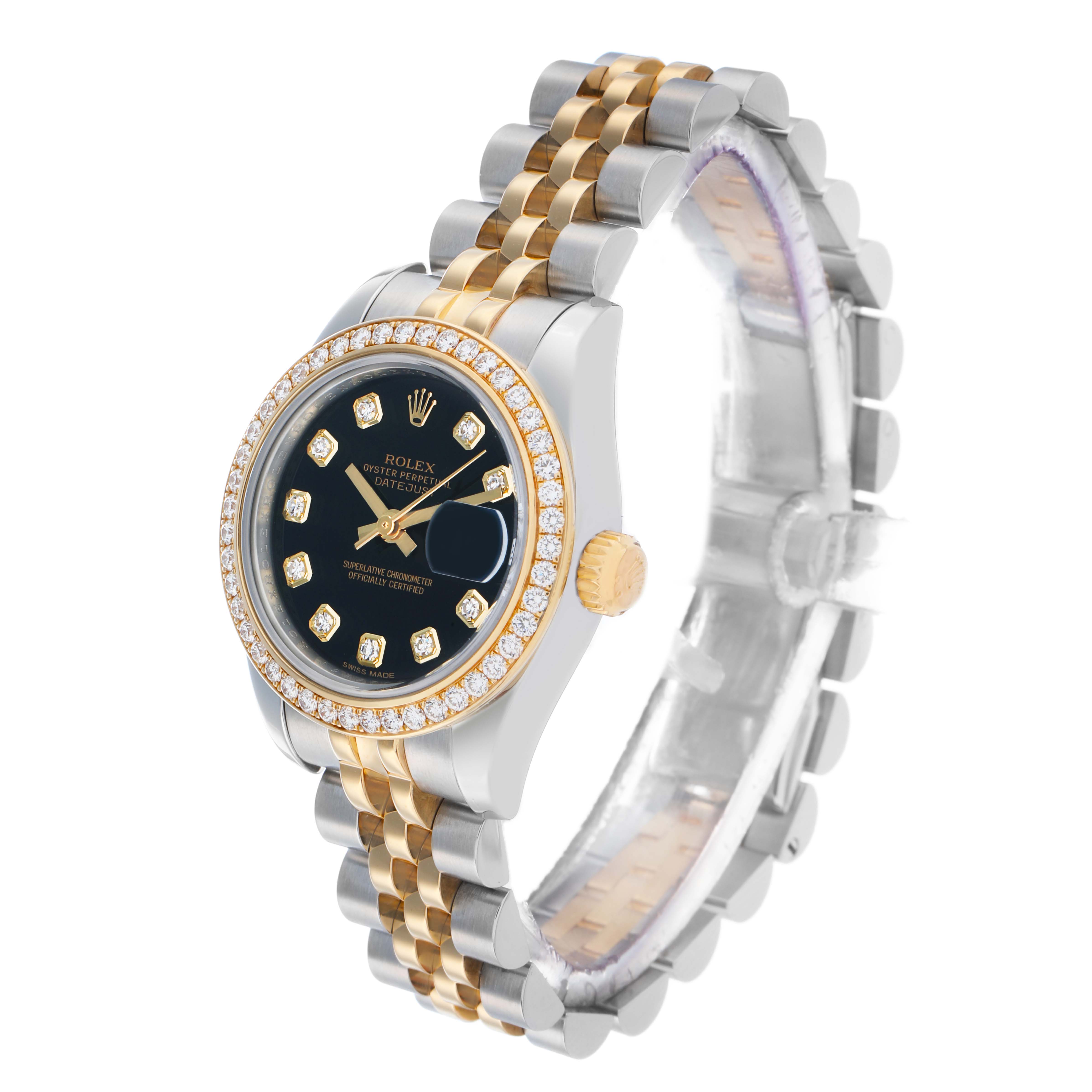 The image shows a side angle of the Rolex Datejust 179383 Women
s Steel and Gold (two tone) Black Dial watch, highlighting the bezel, dial, crown, and two-tone bracelet.