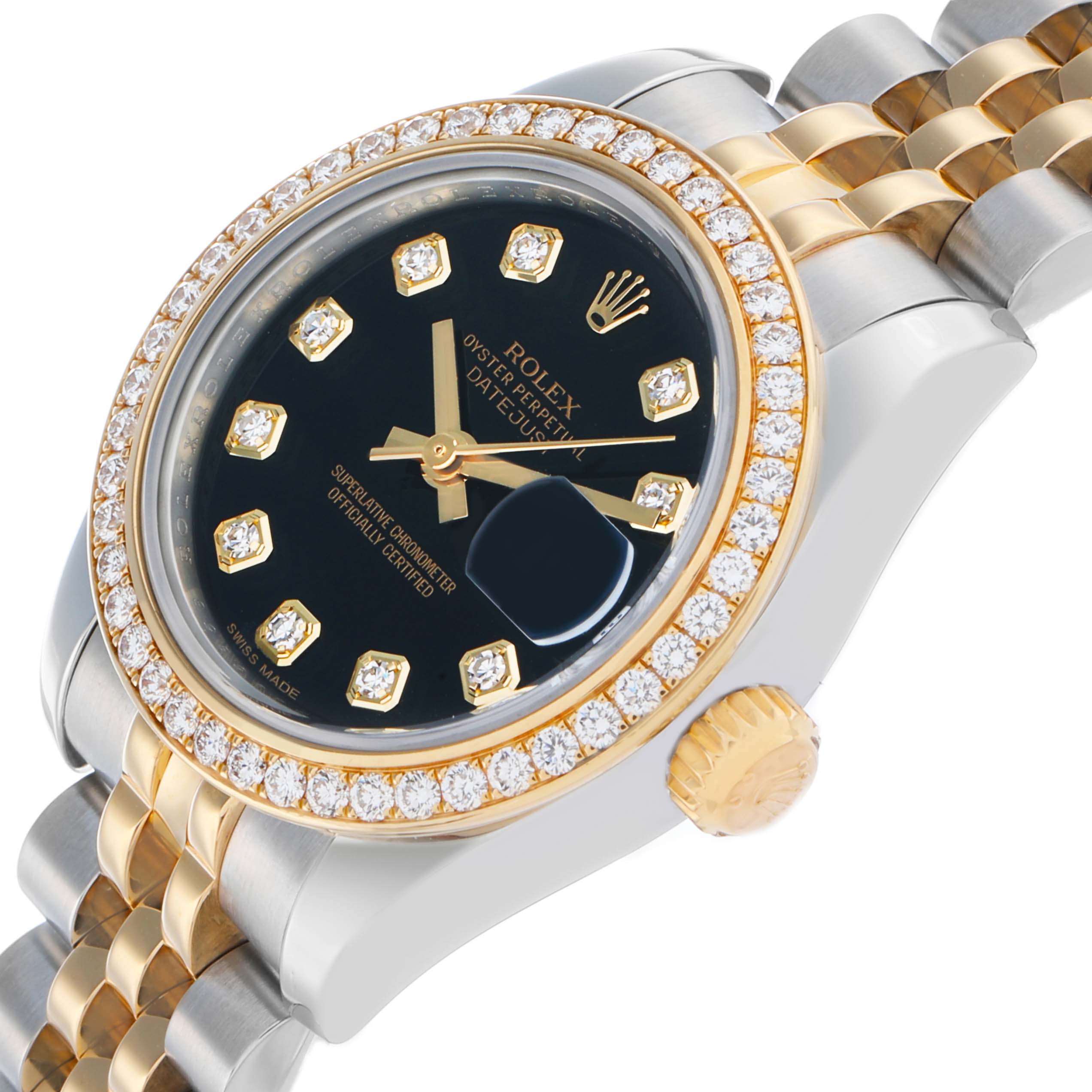 The Rolex Datejust 179383 Women
s Steel and Gold (two tone) Black Dial watch is shown at an angled side view, highlighting the black dial, diamond bezel, and two-tone bracelet.