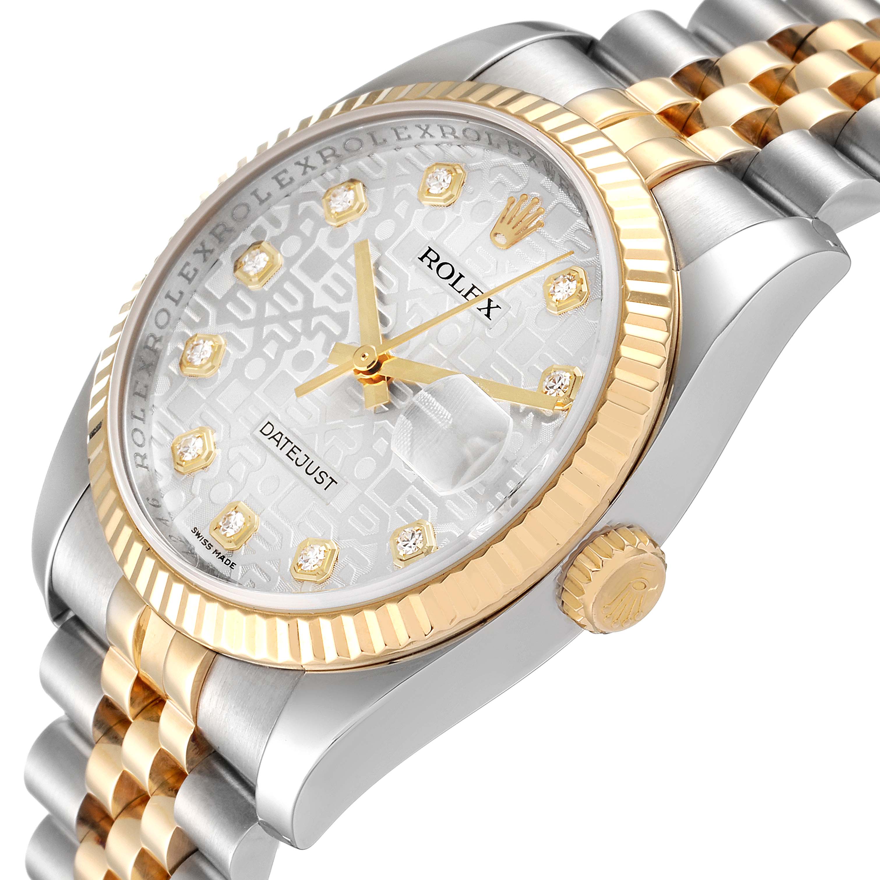 The image shows a close-up, angled view of the Rolex Datejust 116233 Men's Steel and Gold (two tone) Silver Dial 116233 Men's Steel and Gold (two tone) Silver Dial watch, highlighting the dial, bezel, and part of the bracelet.