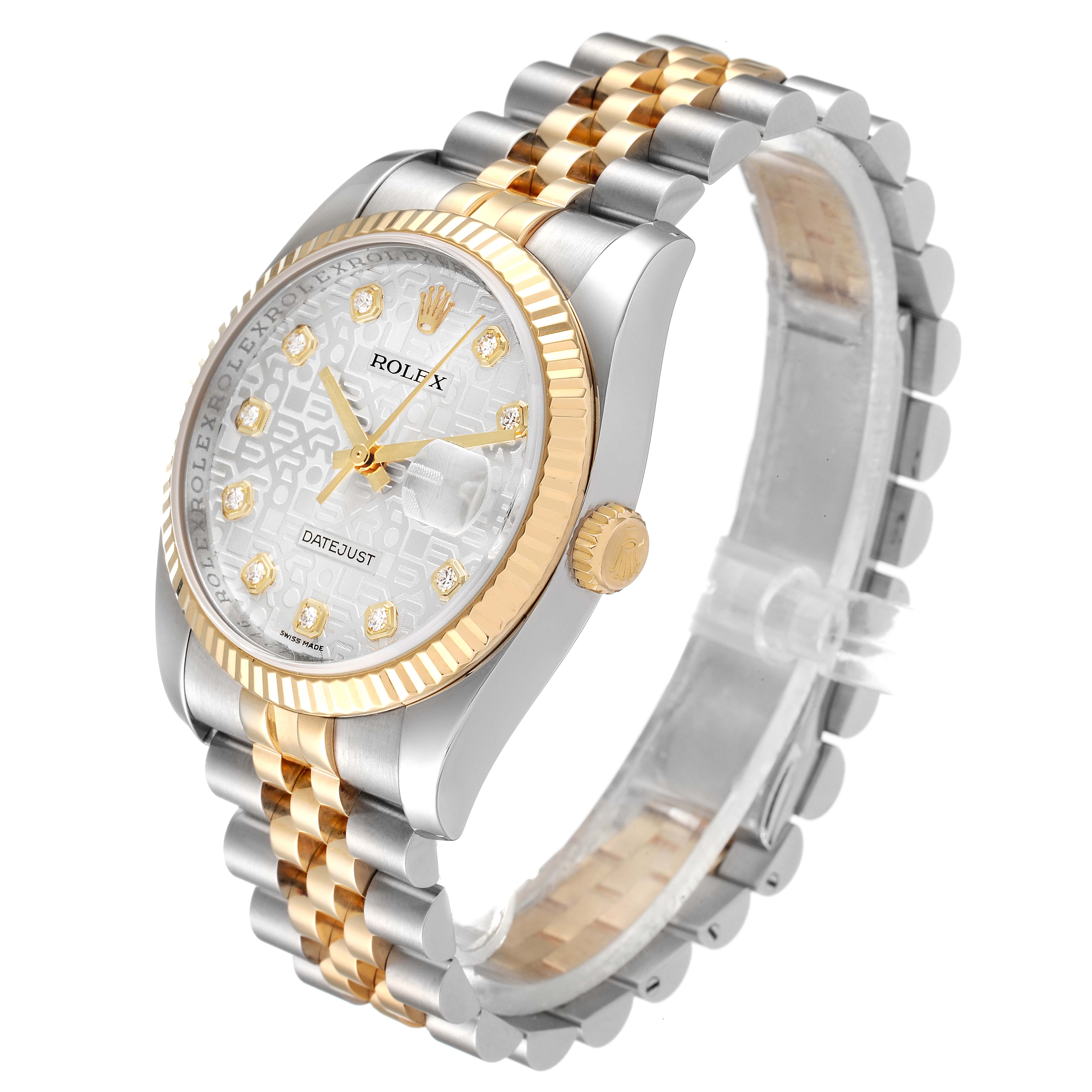The image shows a Rolex Datejust 116233 Men's Steel and Gold (two tone) Silver Dial 116233 Men's Steel and Gold (two tone) Silver Dial watch at a three-quarter angle, displaying its face and two-tone bracelet.