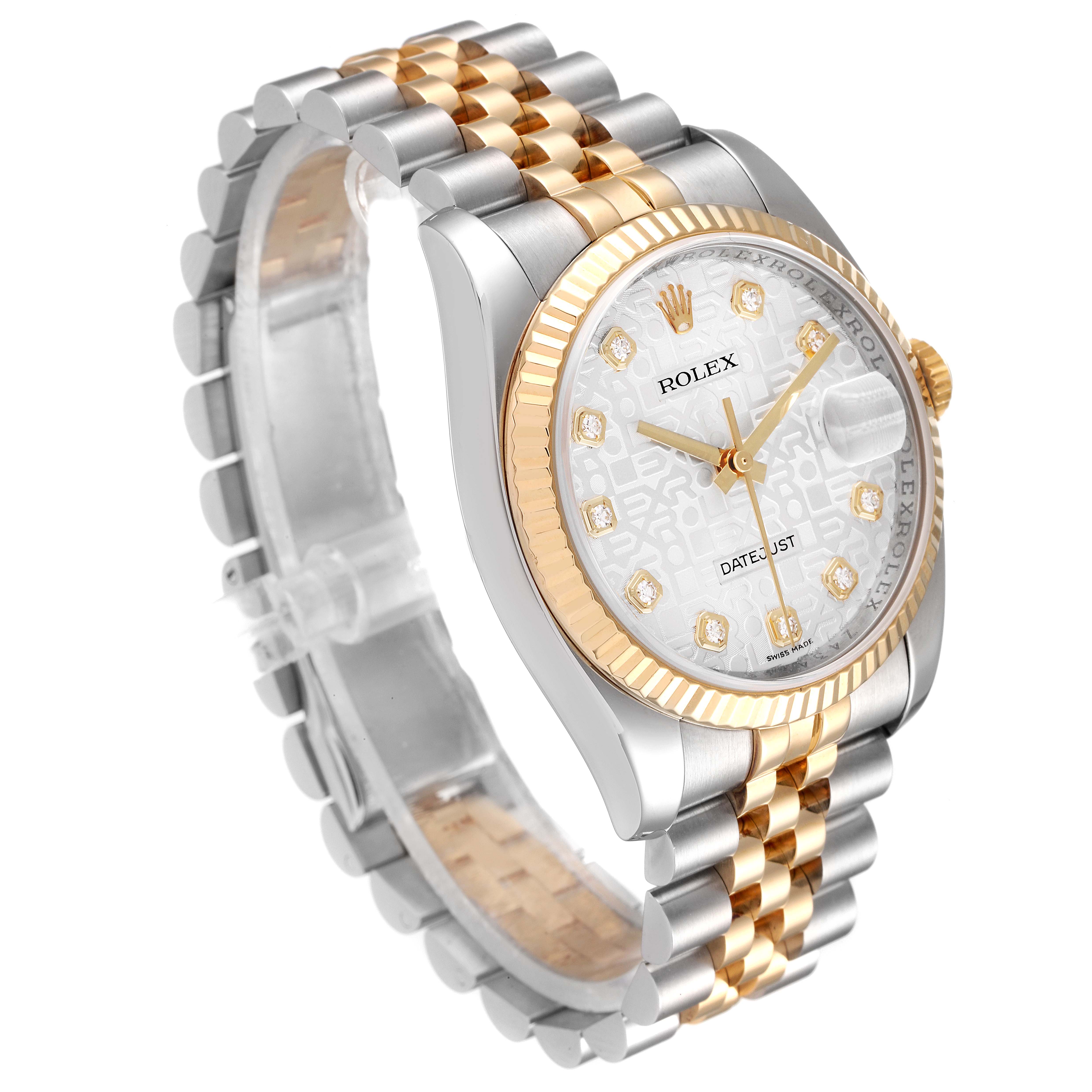 The image shows a Rolex Datejust 116233 Men's Steel and Gold (two tone) Silver Dial 116233 Men's Steel and Gold (two tone) Silver Dial watch at a three-quarter angle, highlighting the face, bezel, and two-tone bracelet.