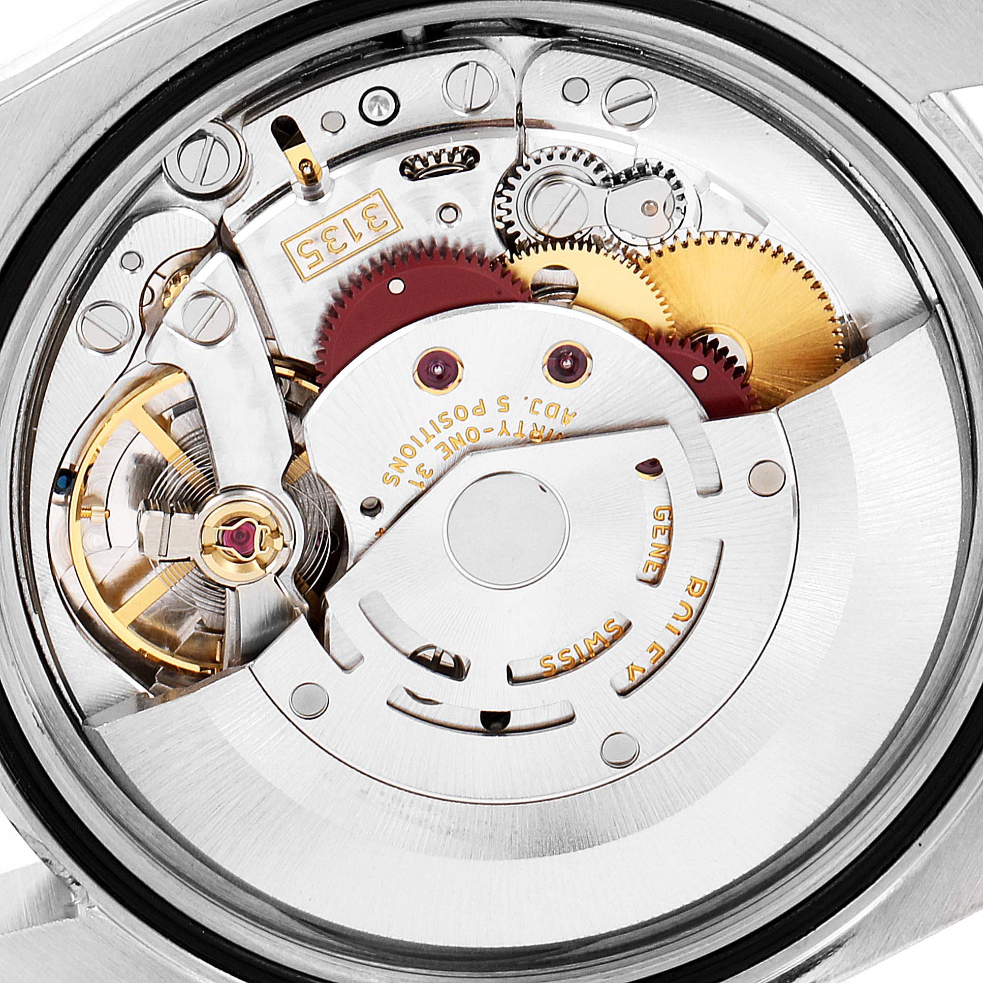 This image shows the intricate internal mechanism of a Rolex Datejust 116233 Men's Steel and Gold (two tone) Silver Dial 116233 Men's Steel and Gold (two tone) Silver Dial watch, viewed from the back case.