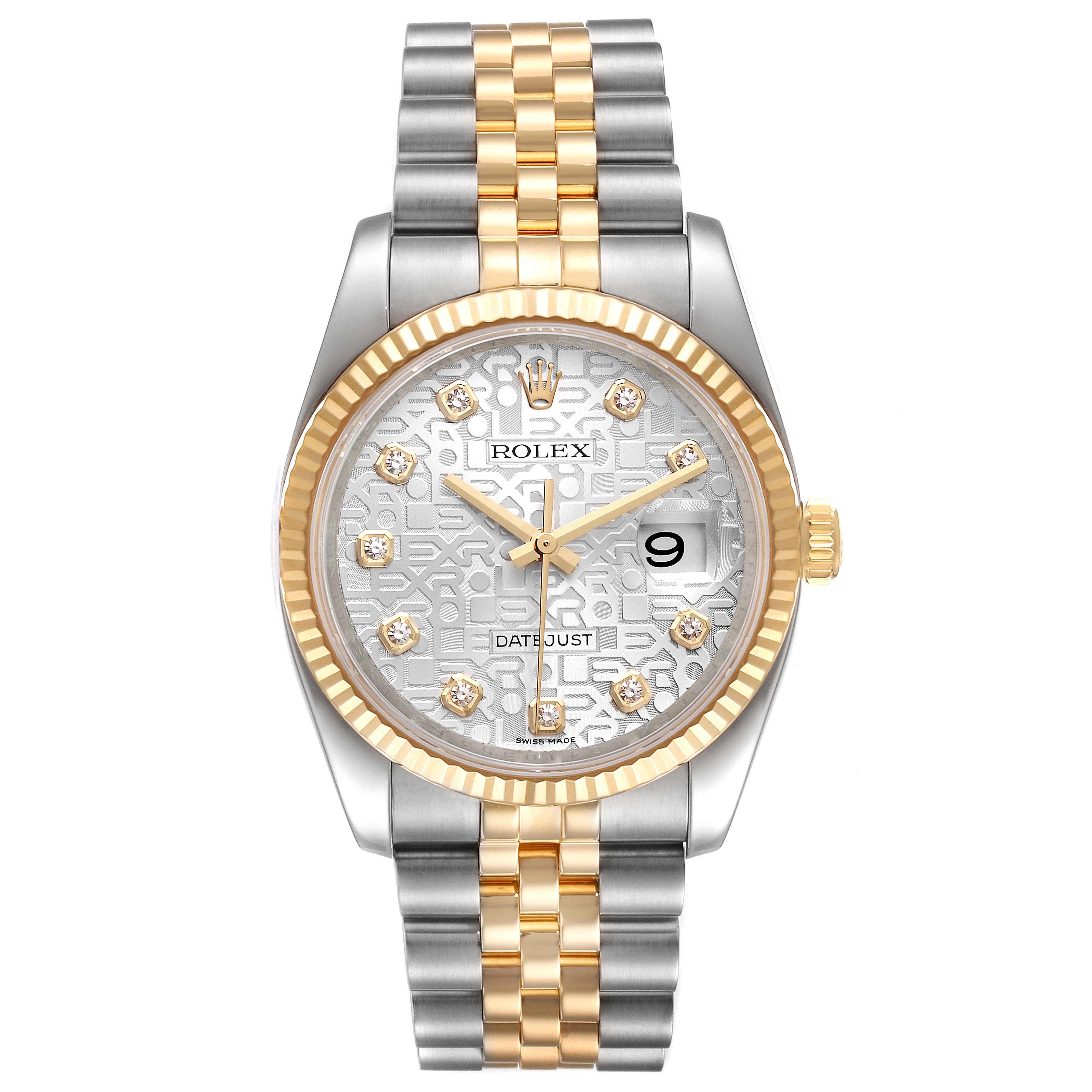 This Rolex Datejust 116233 Men's Steel and Gold (two tone) Silver Dial 116233 Men's Steel and Gold (two tone) Silver Dial watch is shown from the front, displaying its dial, bezel, and bracelet.