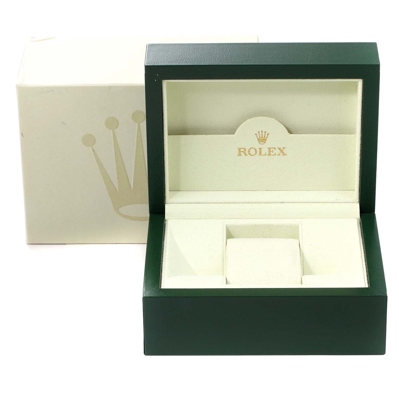 The image shows an open green and cream Rolex watch box, likely for a Datejust model, with branding on the inner lid.
