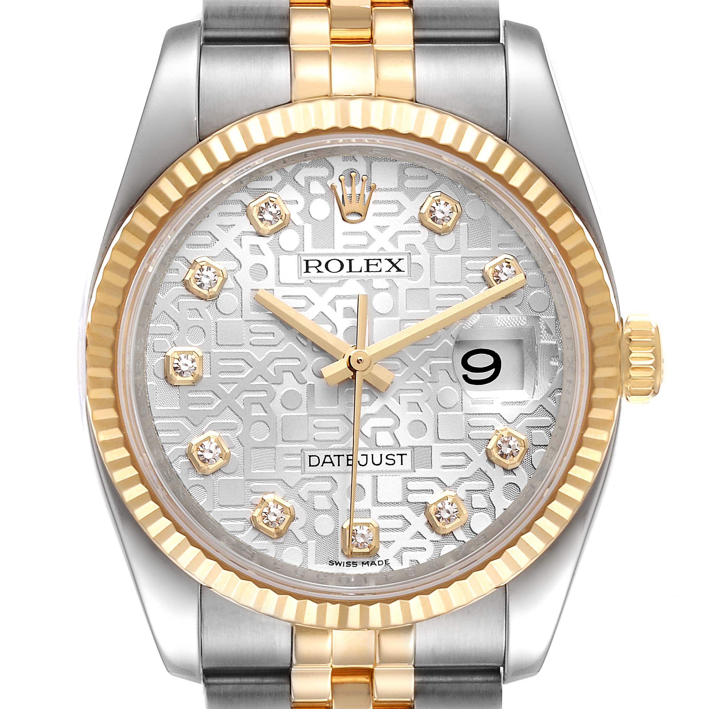 This is a close-up shot of a Rolex Datejust 116233 Men's Steel and Gold (two tone) Silver Dial 116233 Men's Steel and Gold (two tone) Silver Dial watch, showing its dial, fluted bezel, and part of the two-tone bracelet.