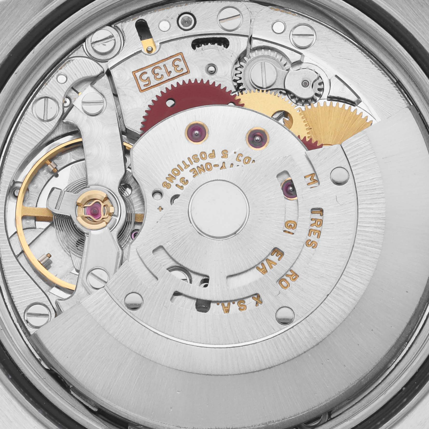 This image shows the movement mechanism of the Rolex Datejust 16233 Men
s Steel and Gold (two tone) White Dial 16233 Men
s Steel and Gold (two tone) White Dial watch from a top-down angle.