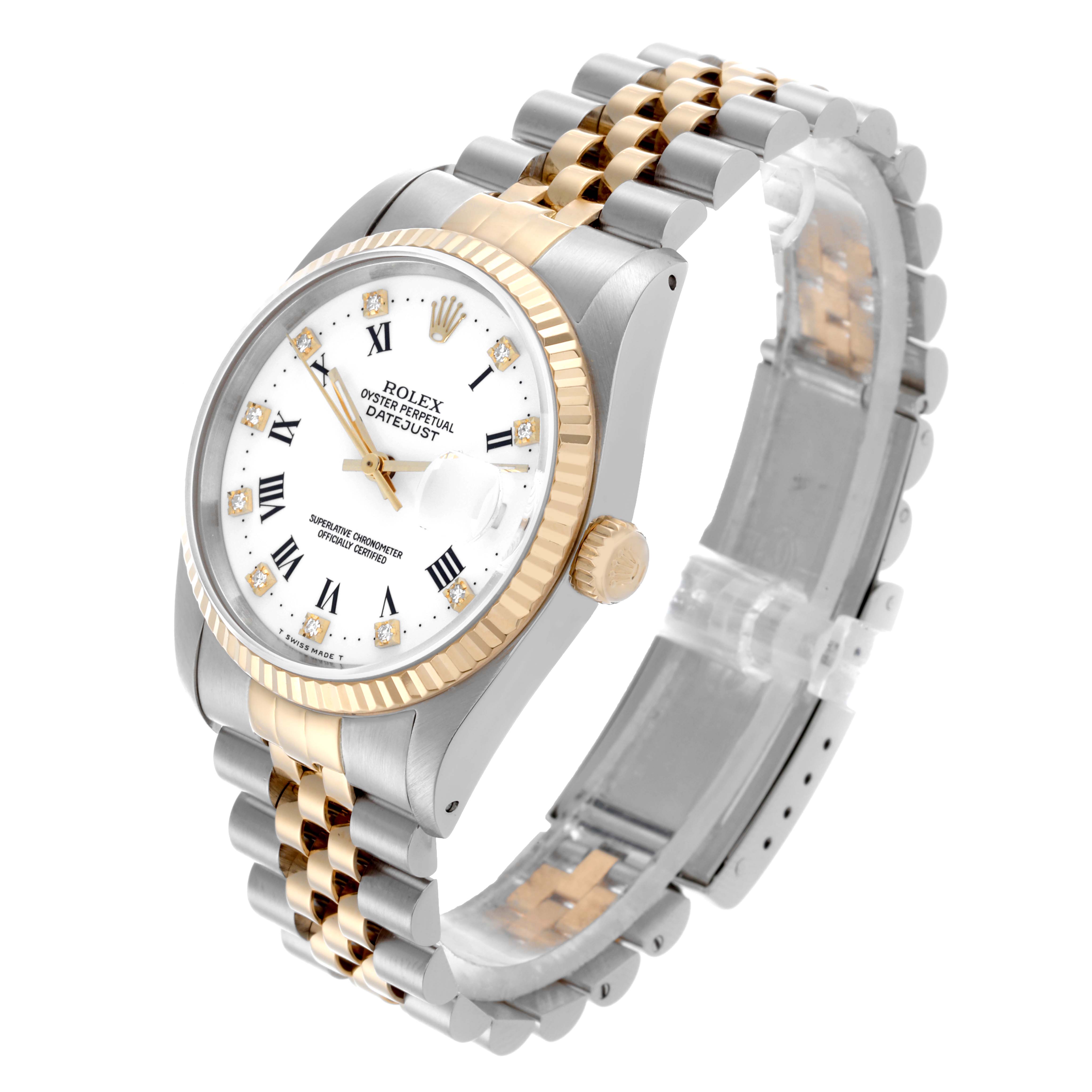 The Rolex Datejust 16233 Men
s Steel and Gold (two tone) White Dial 16233 Men
s Steel and Gold (two tone) White Dial watch is shown at a side angle, displaying its face, bezel, crown, and two-tone bracelet.