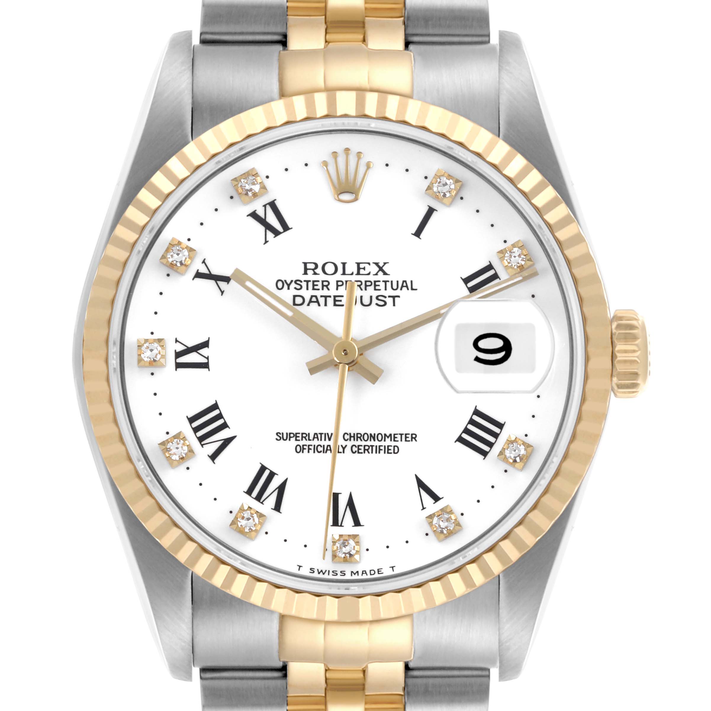 The Rolex Datejust 16233 Men
s Steel and Gold (two tone) White Dial 16233 Men
s Steel and Gold (two tone) White Dial watch is shown from a front angle, highlighting the face, fluted bezel, and part of the bracelet.