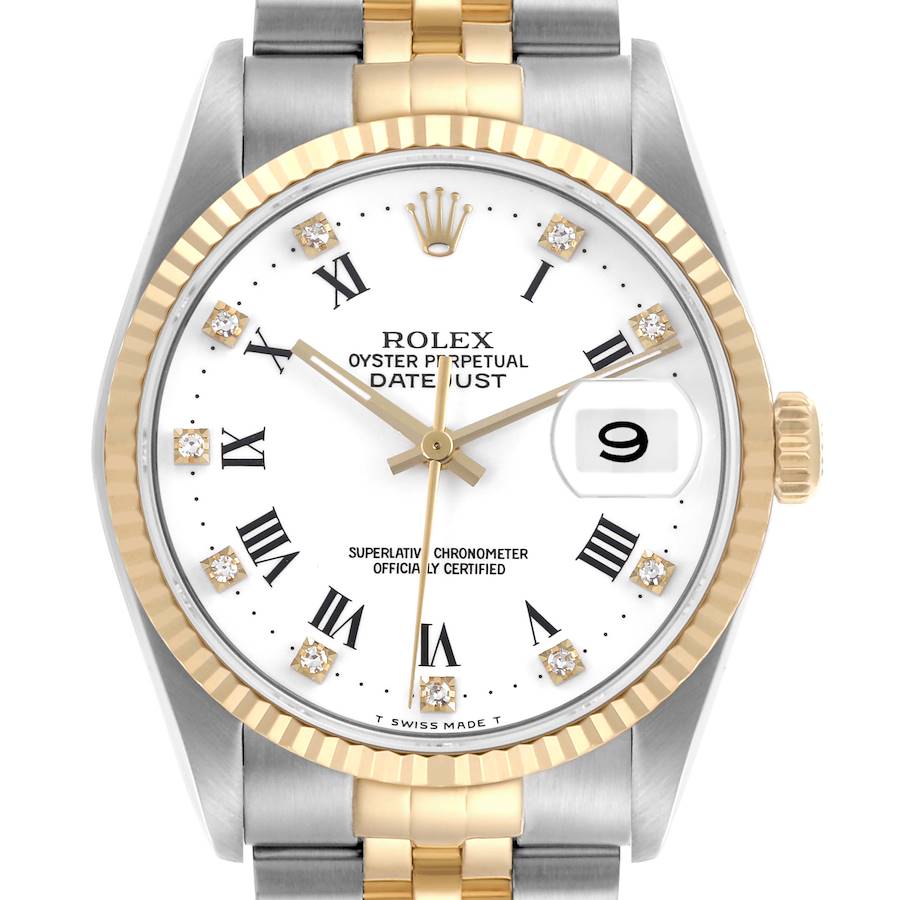 The Rolex Datejust watch is shown from a front angle, highlighting the face, fluted bezel, and part of the bracelet.