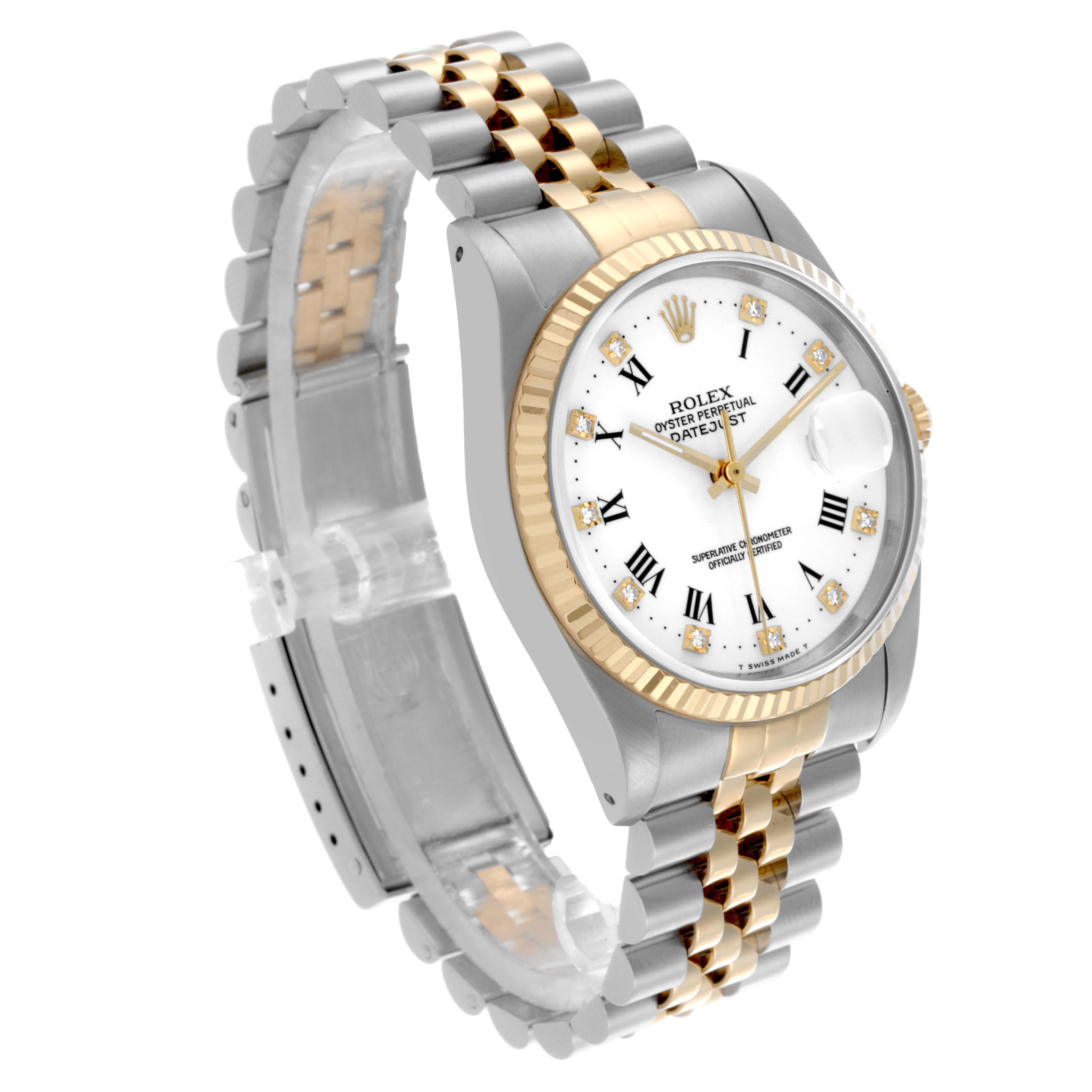 The Rolex Datejust 16233 Men
s Steel and Gold (two tone) White Dial 16233 Men
s Steel and Gold (two tone) White Dial watch is shown at an angle highlighting the case, bezel, dial, and bracelet.