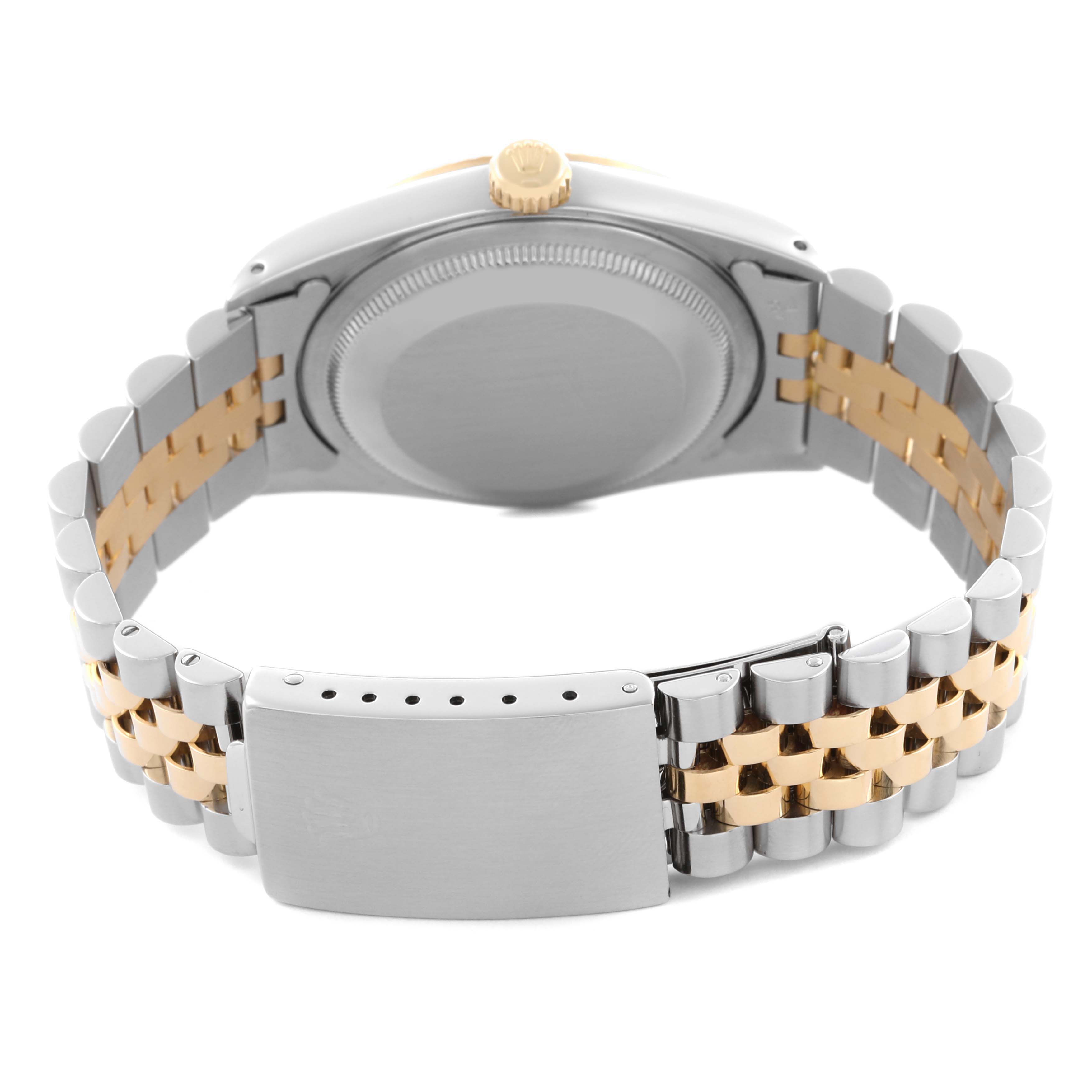 The image shows the back of a Rolex Datejust 16233 Men
s Steel and Gold (two tone) White Dial 16233 Men
s Steel and Gold (two tone) White Dial watch, highlighting the bracelet and clasp from a rear angle.