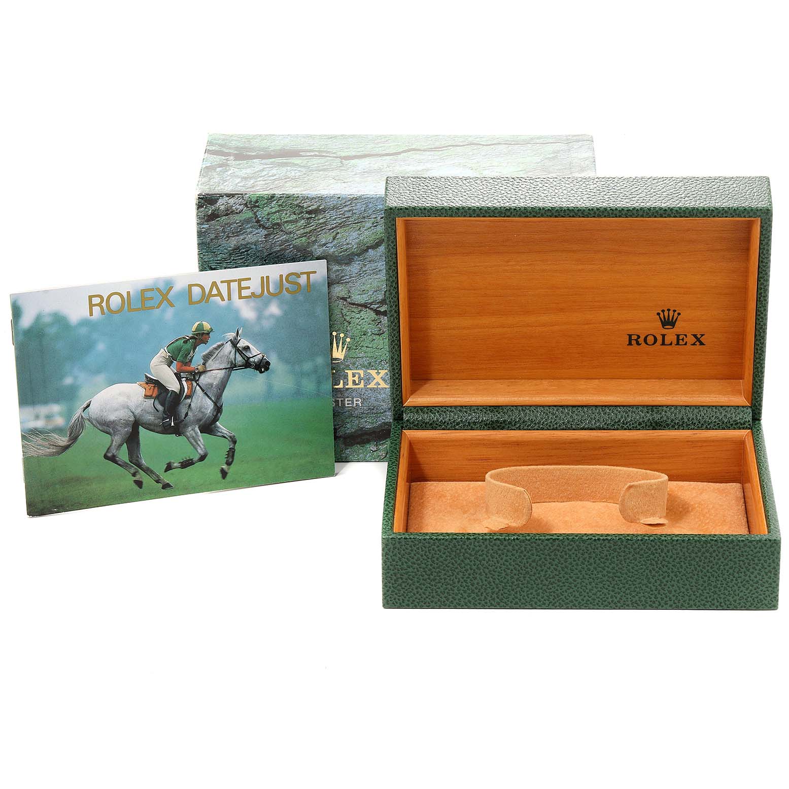 This image shows the packaging and manual for the Rolex Datejust 16200 Men's Stainless Steel White Dial 16200 Men's Stainless Steel White Dial watch, including the box and booklet.