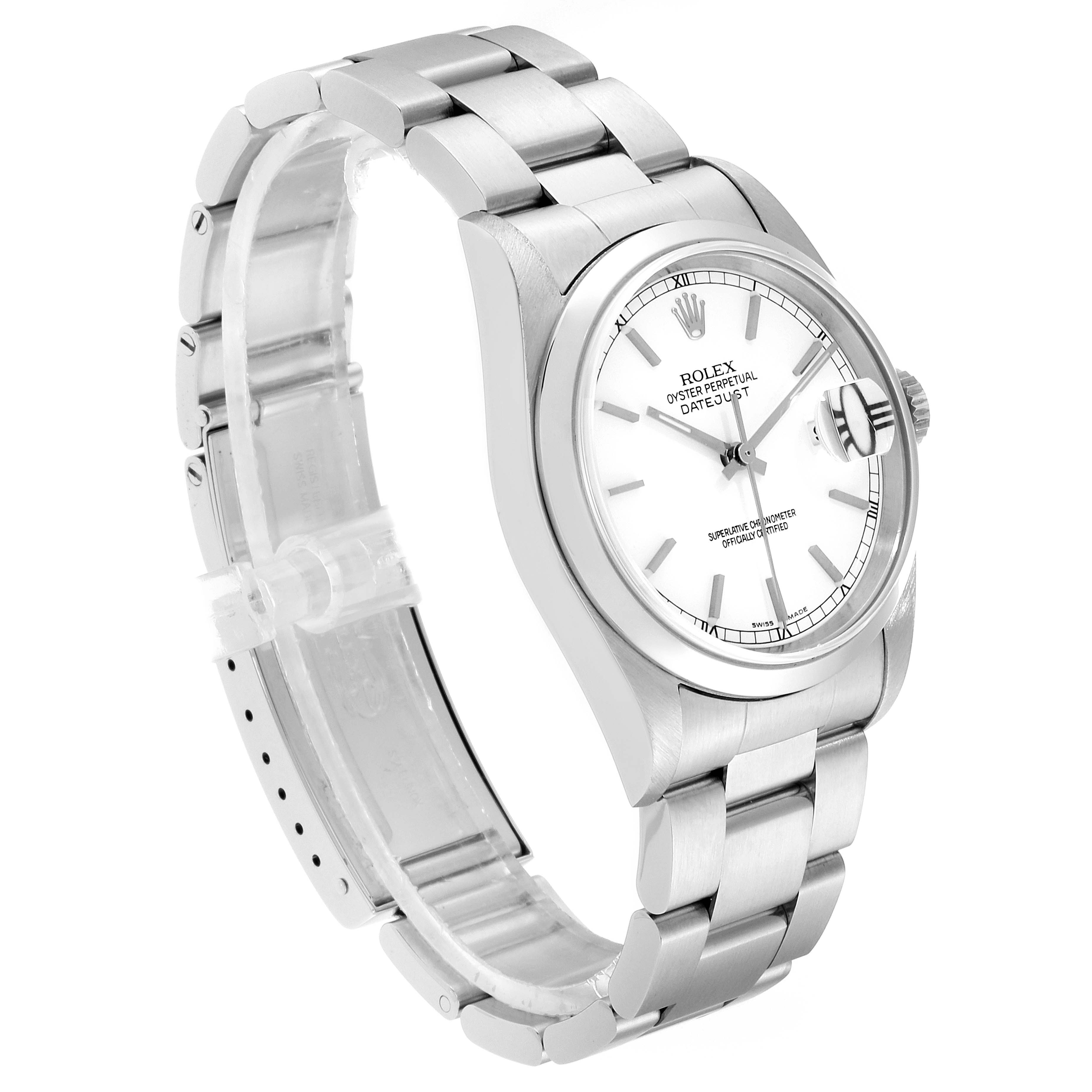 The image shows a Rolex Datejust 16200 Men's Stainless Steel White Dial 16200 Men's Stainless Steel White Dial watch from a three-quarter angle, highlighting its face and stainless steel bracelet.