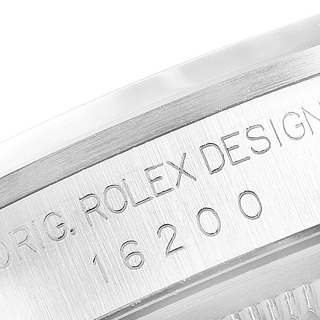 This image shows a close-up of the side of a Rolex Datejust 16200 Men's Stainless Steel White Dial 16200 Men's Stainless Steel White Dial model, including the engraved model number "16200".
