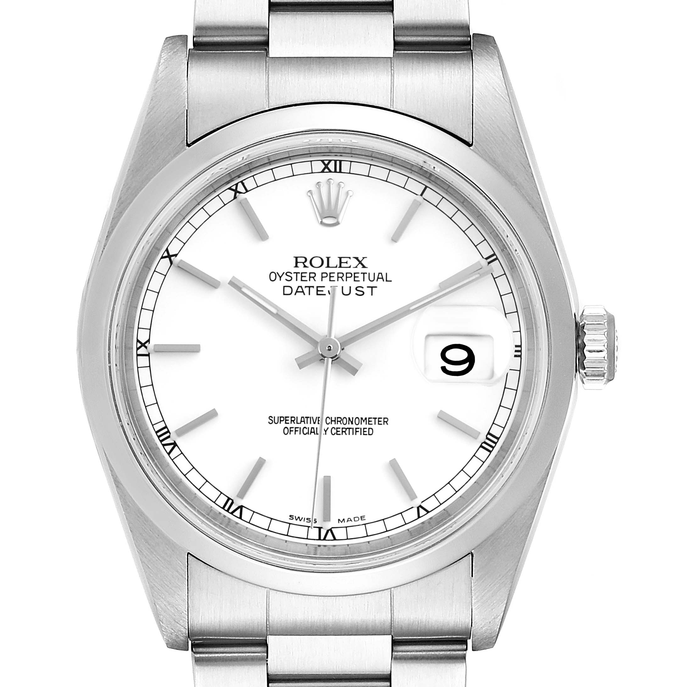This image shows a front view of a Rolex Datejust 16200 Men's Stainless Steel White Dial 16200 Men's Stainless Steel White Dial watch, highlighting its white dial, date window, and bracelet.