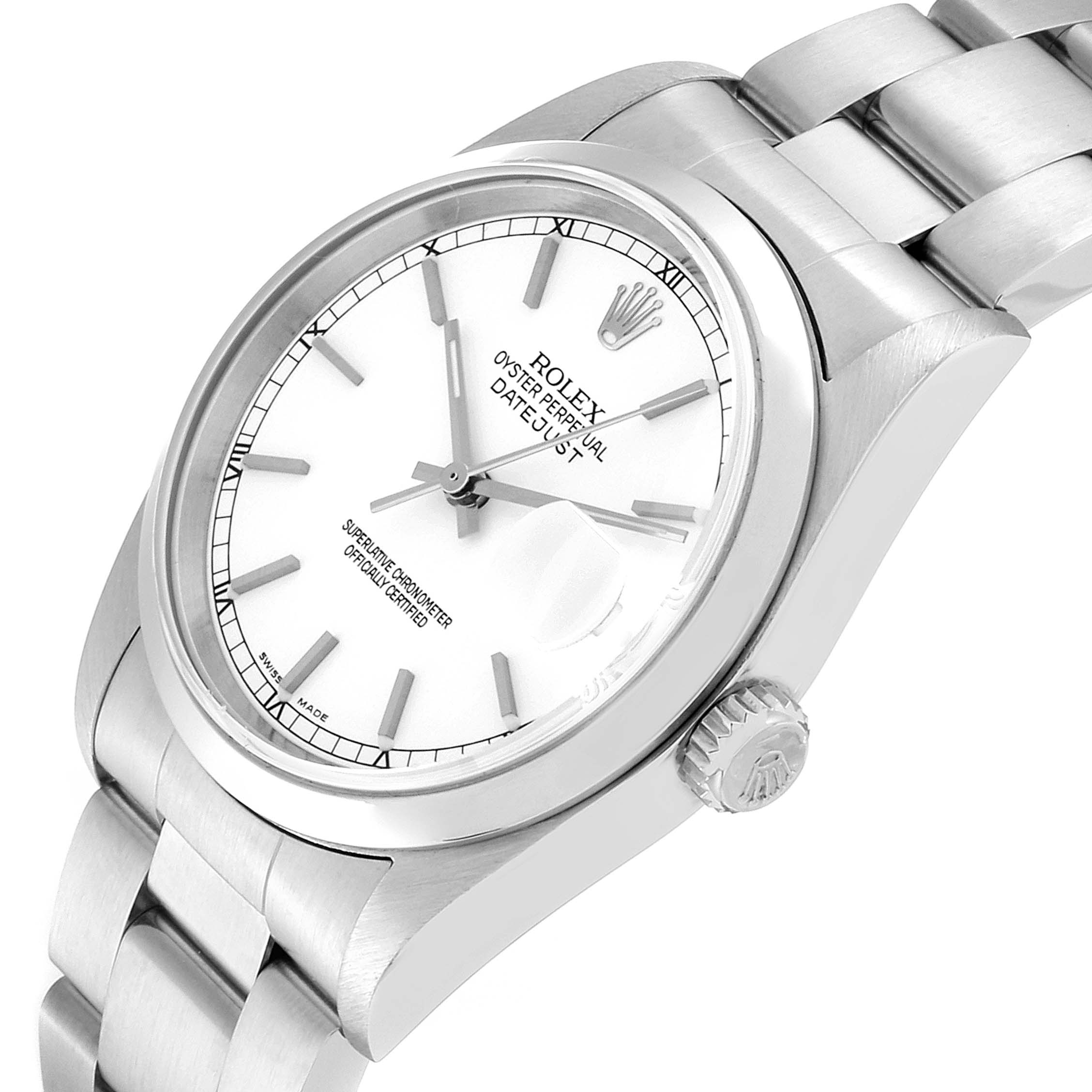 The image shows a close-up angle of a Rolex Datejust 16200 Men's Stainless Steel White Dial 16200 Men's Stainless Steel White Dial watch, highlighting the dial, crown, and part of the bracelet.
