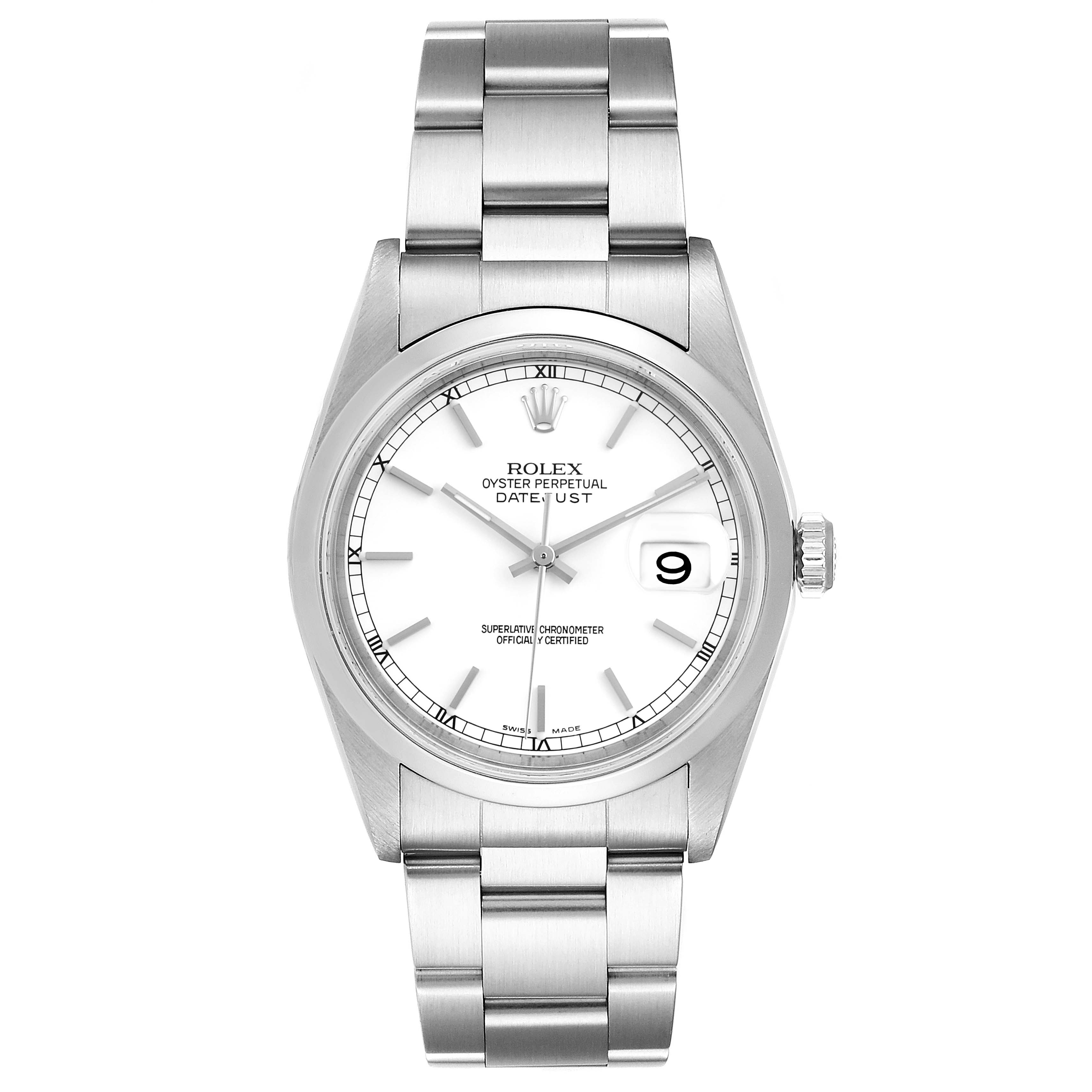 The image shows a head-on view of a Rolex Datejust 16200 Men's Stainless Steel White Dial 16200 Men's Stainless Steel White Dial watch, highlighting the dial, bracelet, and crown.