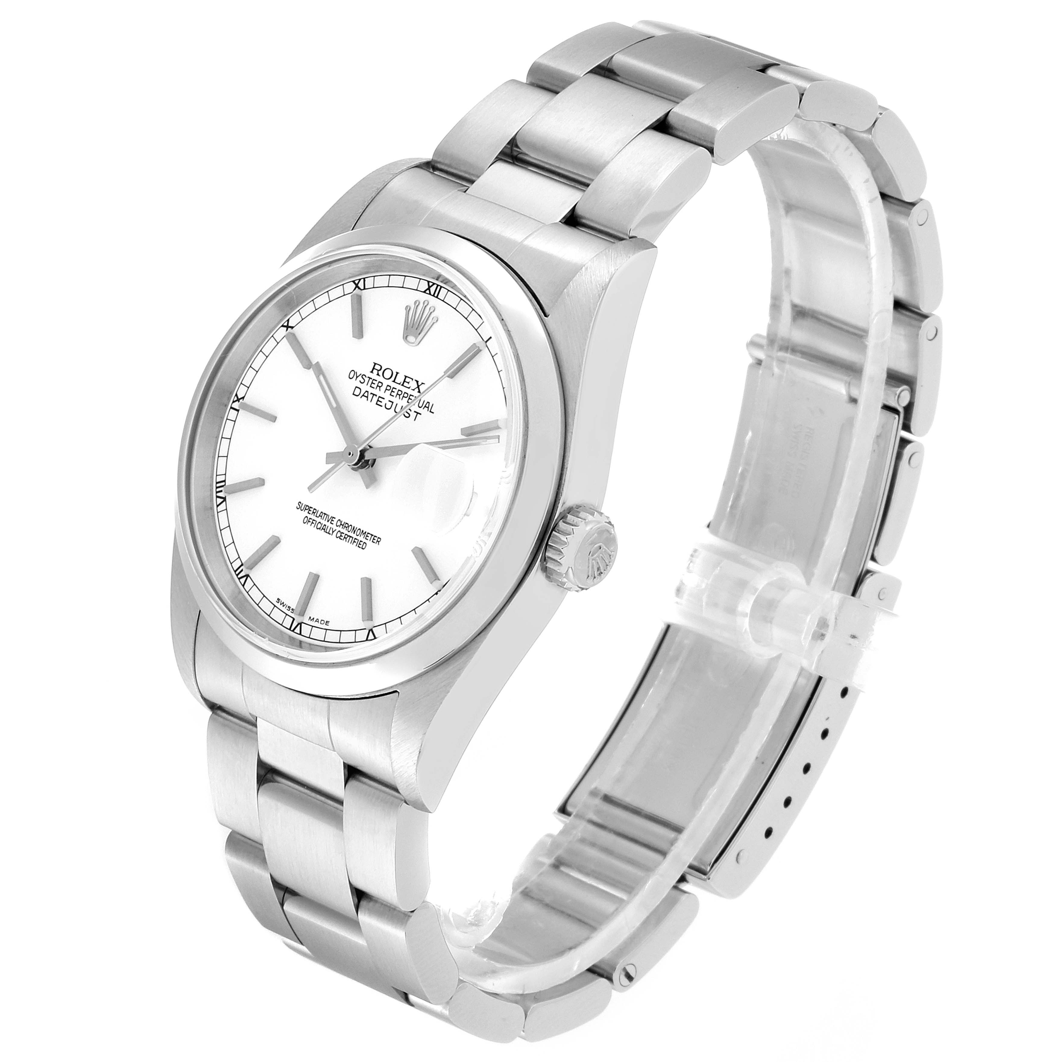 The Rolex Datejust 16200 Men's Stainless Steel White Dial 16200 Men's Stainless Steel White Dial watch is photographed from a front-side angle, showcasing its dial, bezel, crown, and bracelet.