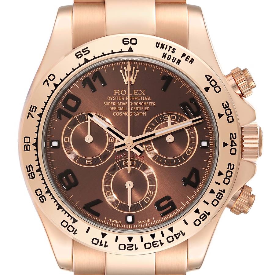 The Rolex Daytona watch is shown from a front view, highlighting its dial, bezel, and side pushers.