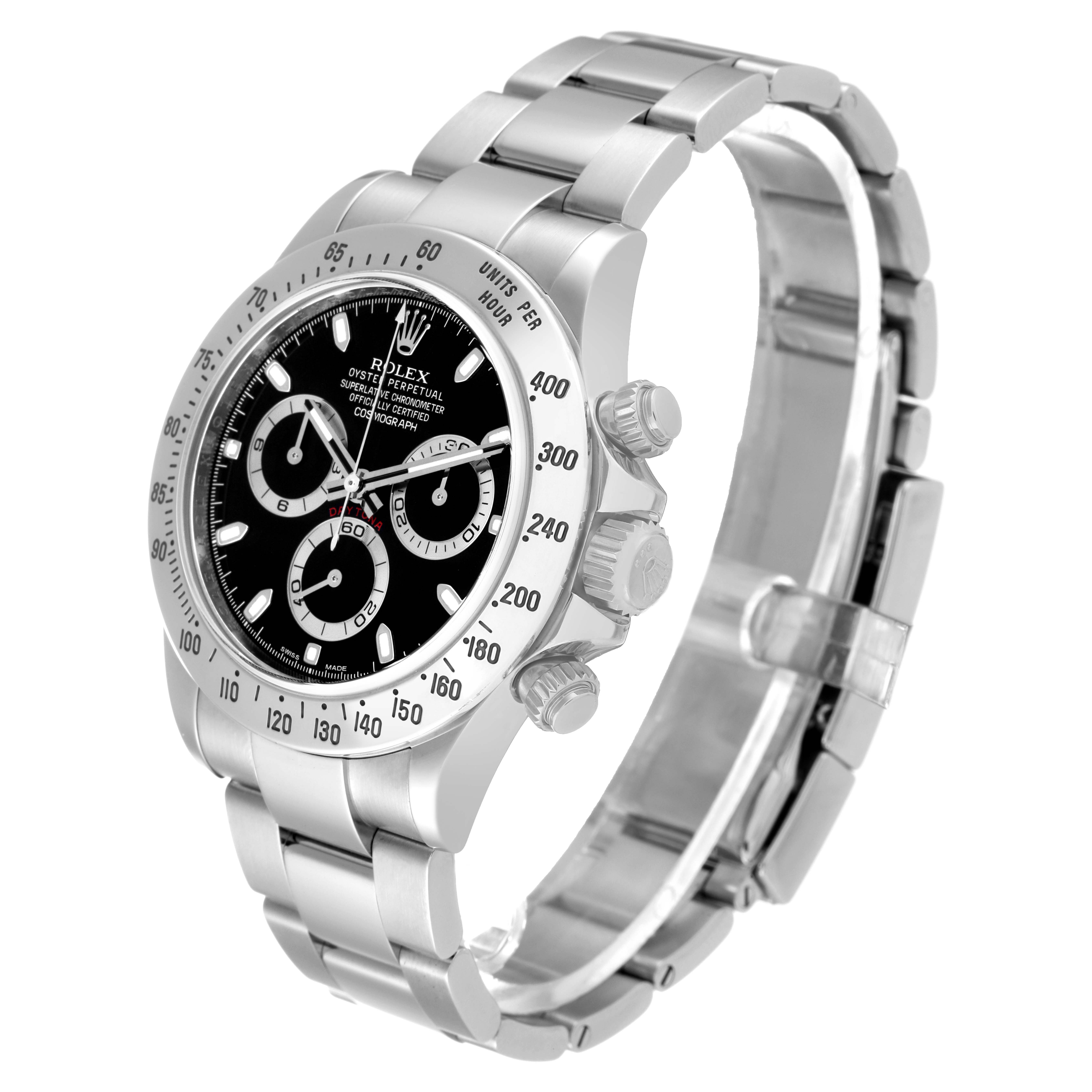 The image shows a side angle view of a Rolex Daytona 116520 Men
s Stainless Steel Black Dial 116520 Men
s Stainless Steel Black Dial watch, highlighting the timepiece, chronograph dials, bezel, and bracelet.