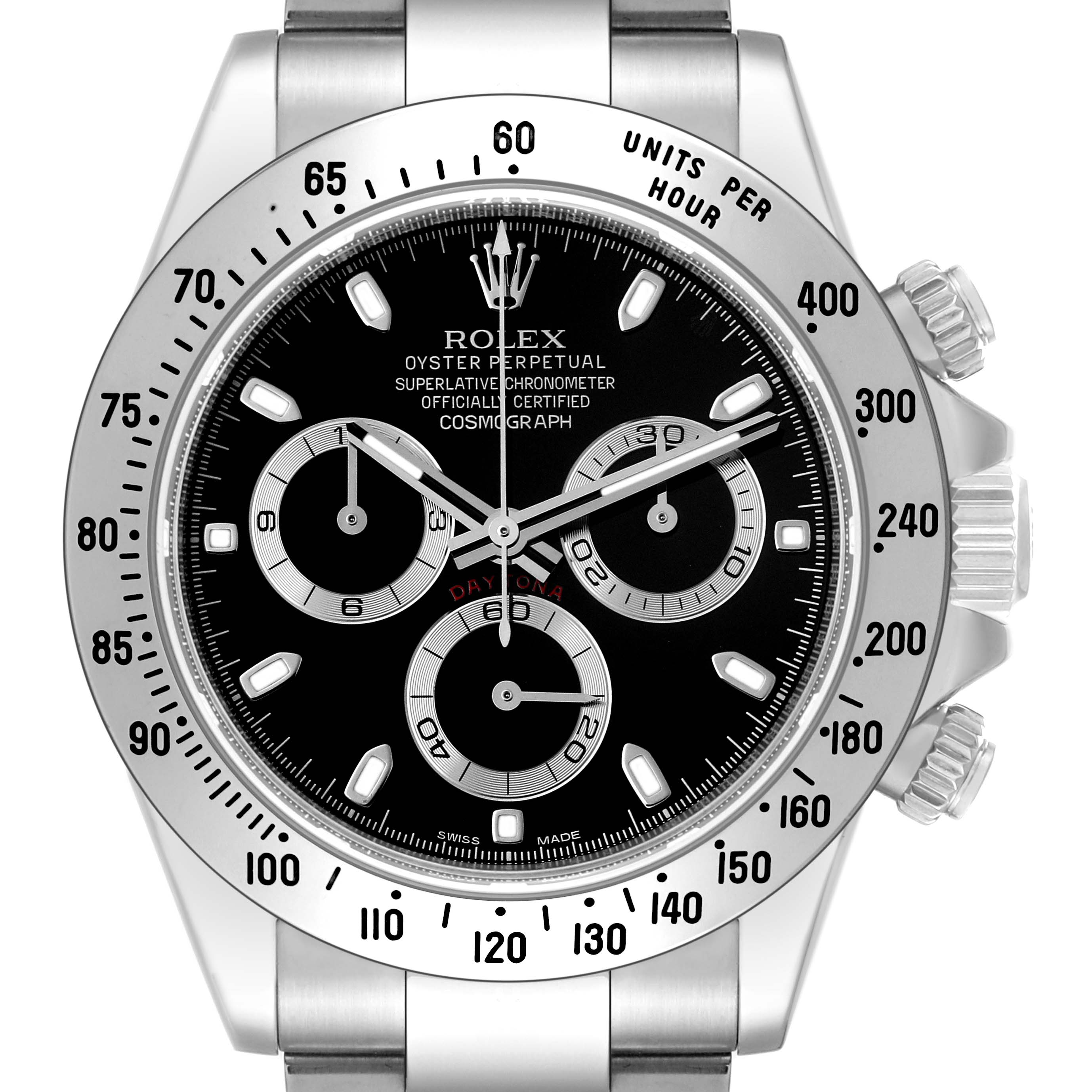 The image shows a frontal view of a Rolex Daytona 116520 Men
s Stainless Steel Black Dial 116520 Men
s Stainless Steel Black Dial watch, highlighting the black dial, subdials, bezel, and crown.