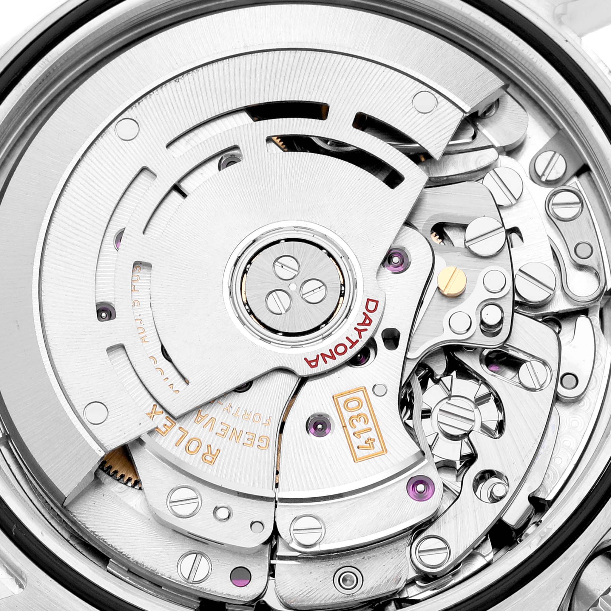 This image shows a close-up view of the intricate internal mechanism of a Rolex Daytona 116520 Men
s Stainless Steel Black Dial 116520 Men
s Stainless Steel Black Dial watch.