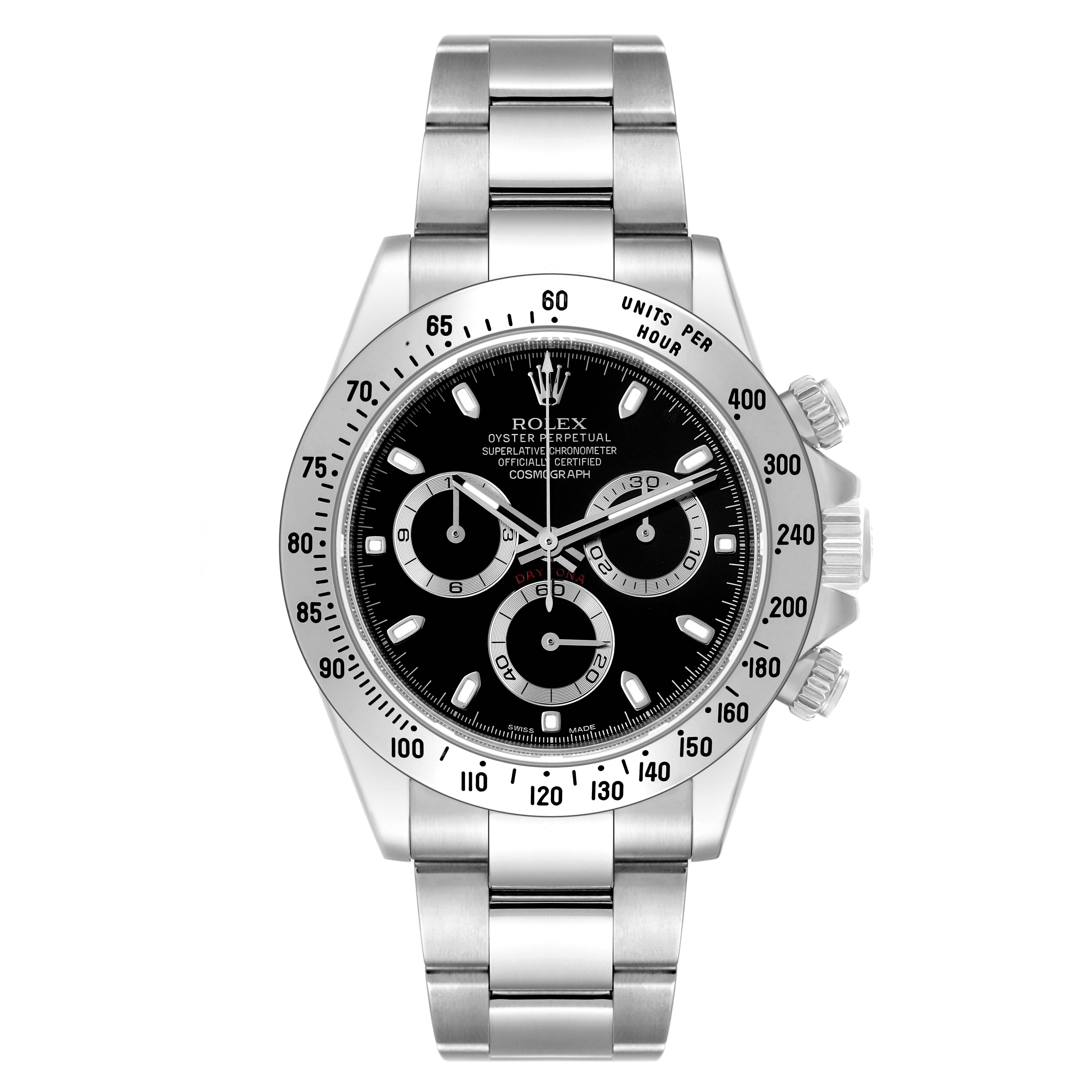 The image shows a frontal view of a Rolex Daytona 116520 Men
s Stainless Steel Black Dial 116520 Men
s Stainless Steel Black Dial watch, highlighting the black dial, bezel with tachymeter, and stainless steel bracelet.