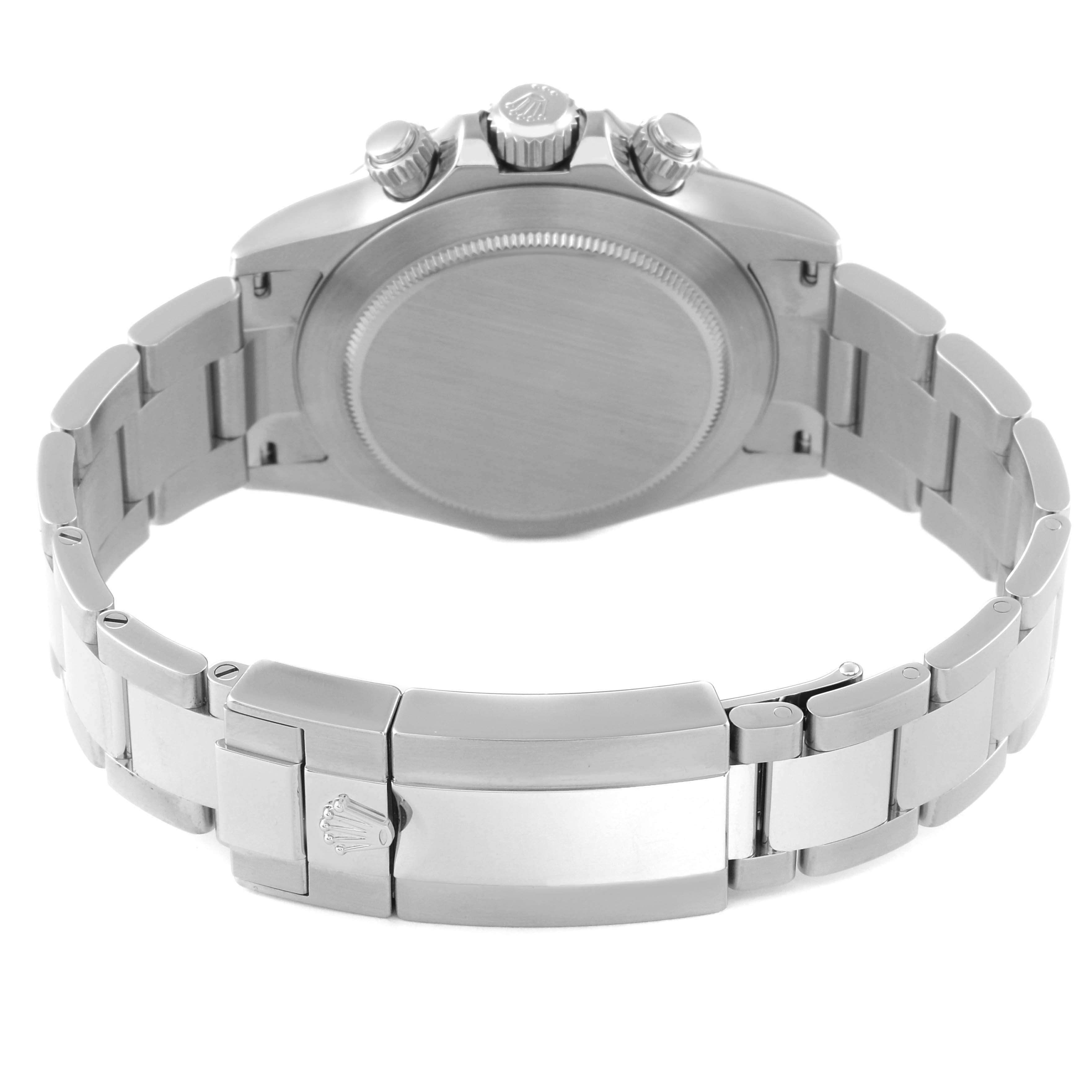 The image shows the back and clasp of a Rolex Daytona 116520 Men
s Stainless Steel Black Dial 116520 Men
s Stainless Steel Black Dial model watch, highlighting the bracelet and case back.