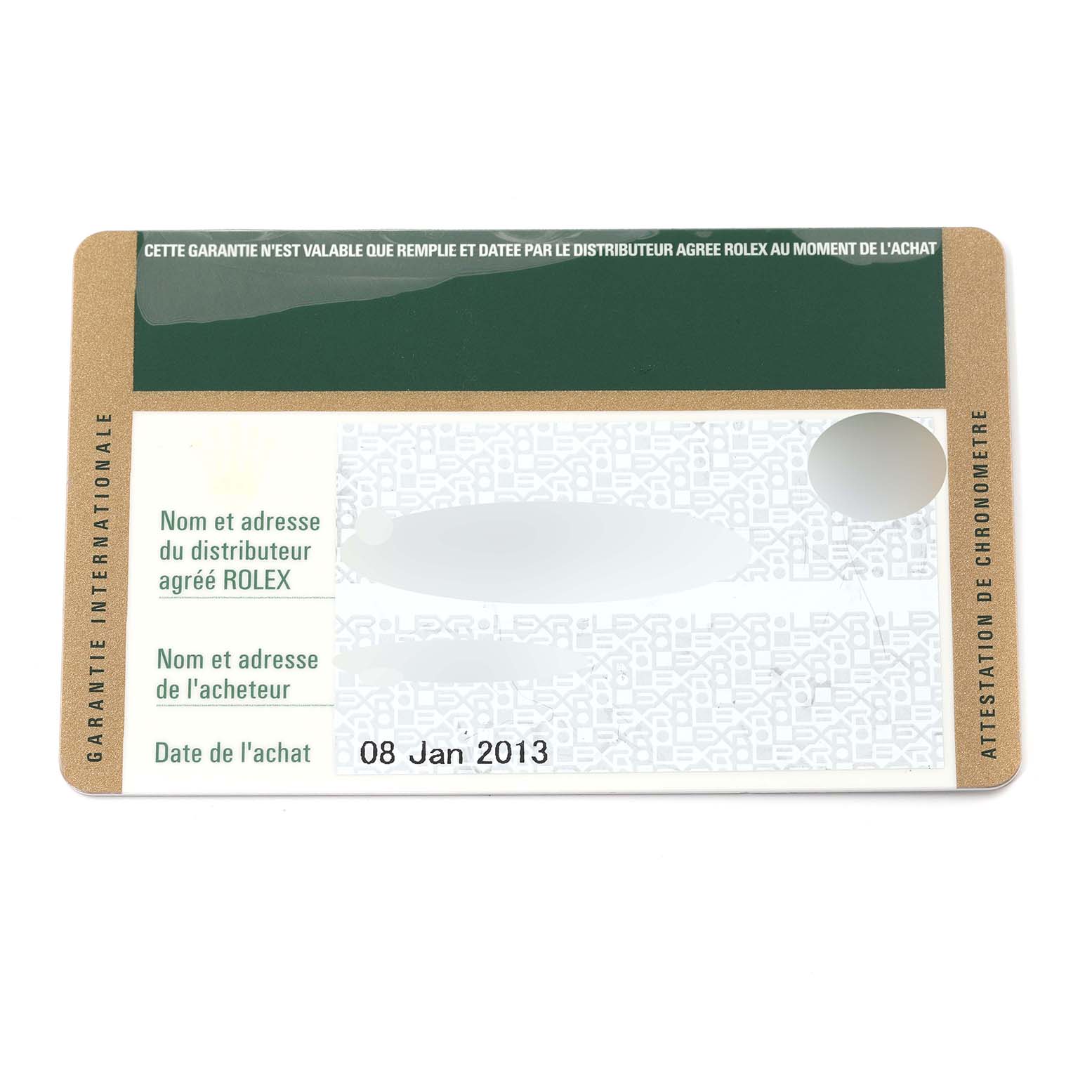 This image shows the international warranty card for the Rolex Daytona 116520 Men
s Stainless Steel Black Dial 116520 Men
s Stainless Steel Black Dial model, dated 08 Jan 2013.